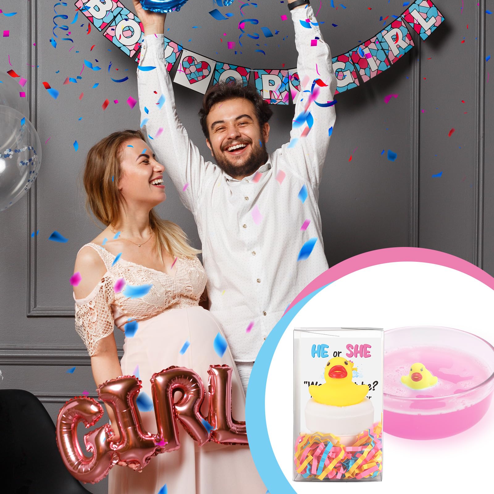 2 Pcs Duck Gender Reveal, Bath Bomb Ducks Pink or Blue for Baby Shower Party Gift with PVC Box, Card & Confetti for Gender Reveal Birthday Party Decorations
