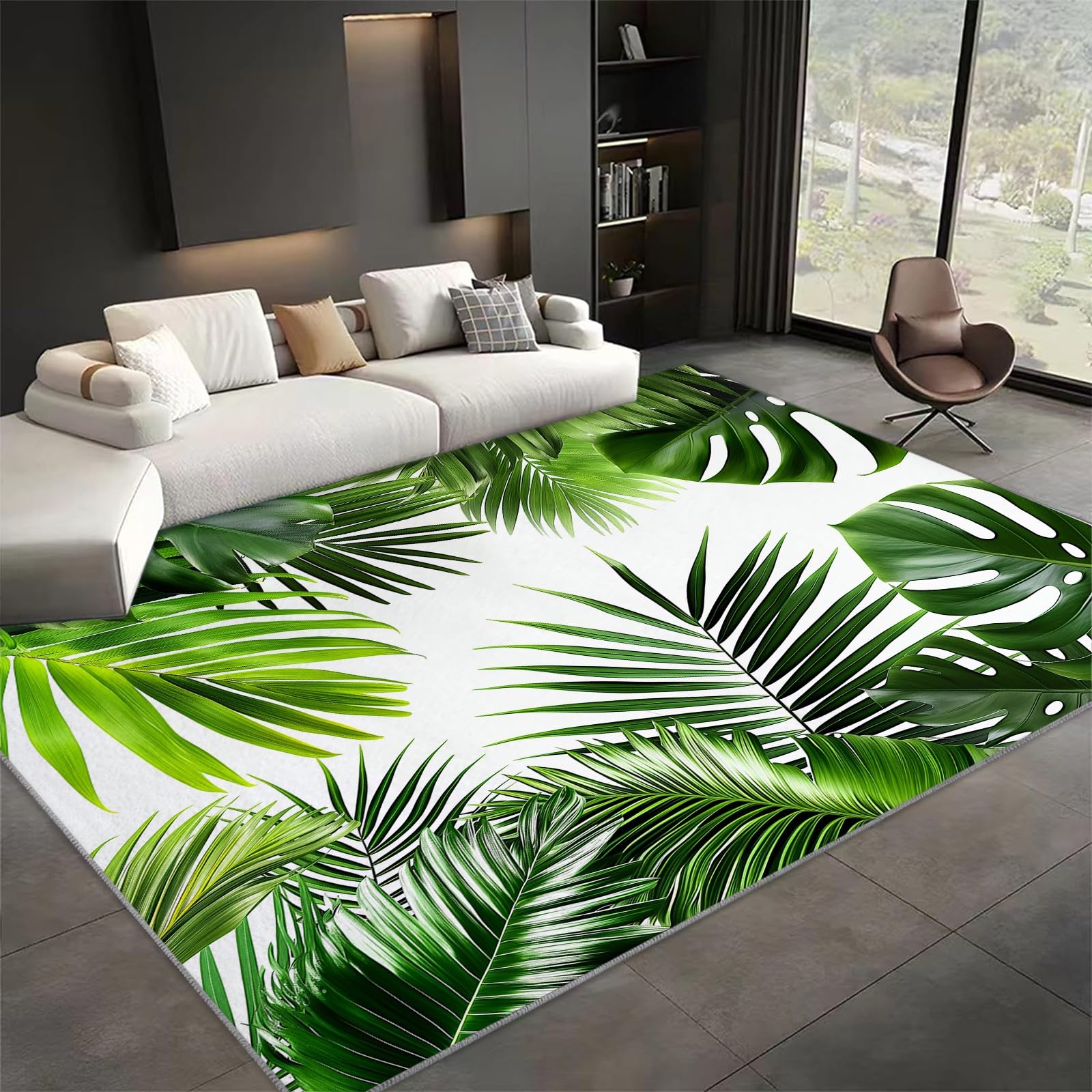Tapis Salon Poils Courts Moderne Feuilles De Palmier Vertes Monstera 180x240cm Tapis Lavable Doux et Antidérapant avec Impression 3D, pour Chambre Enfant Garçons Filles Adolescents