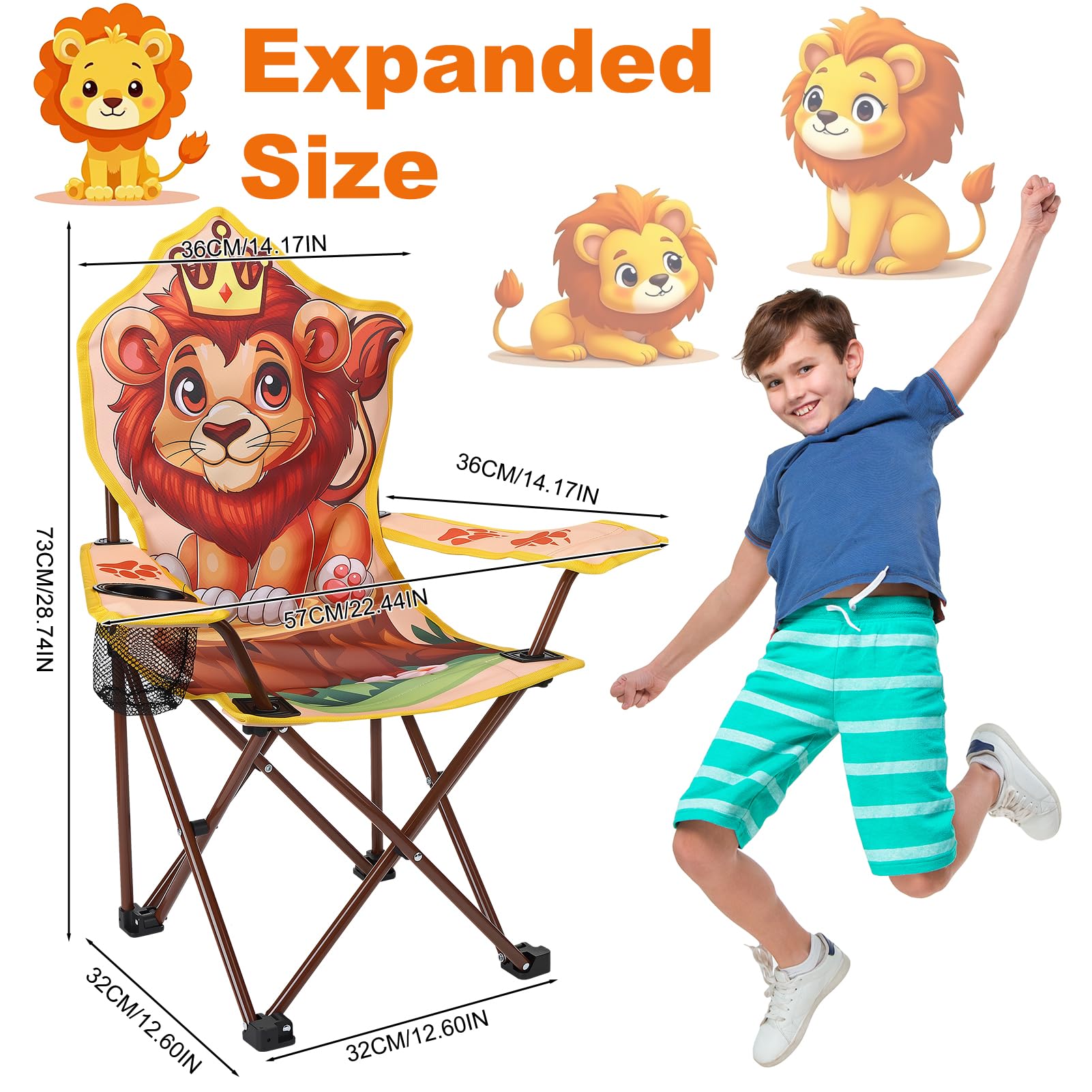 Chaise de camping pliable pour enfant avec porte-gobelet, chaise de jardin pliable avec motif lion, acier allié, chaise de pique-nique portable pour camping, pêche, extérieur