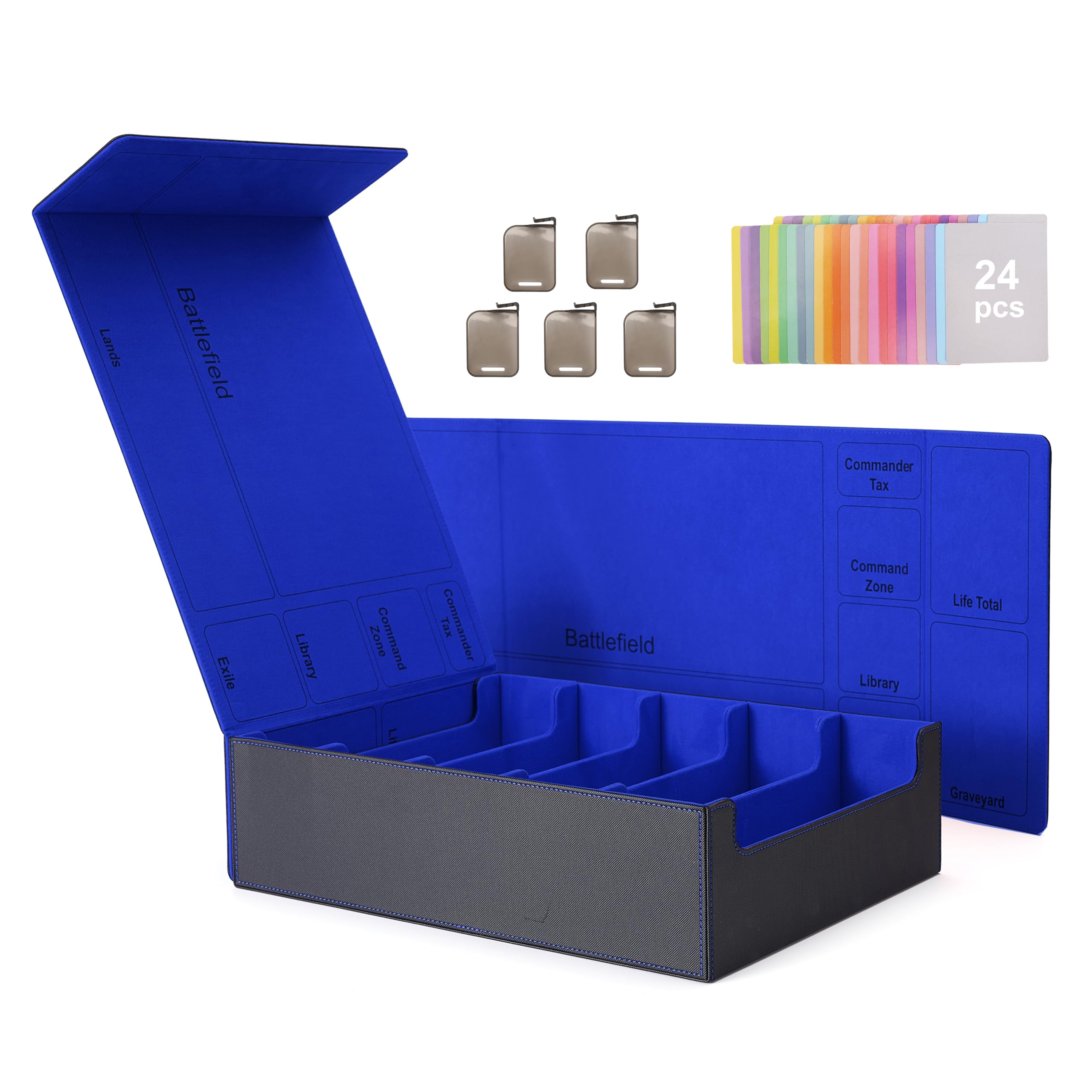 Venssu 5 Row Trading Card Storage Box With Dual-Function Playmat Lids, 3800+ Mtg Deck Box With 24 Colorful Divider Tabs, Compatible with Magic Cards (Black and Blue)