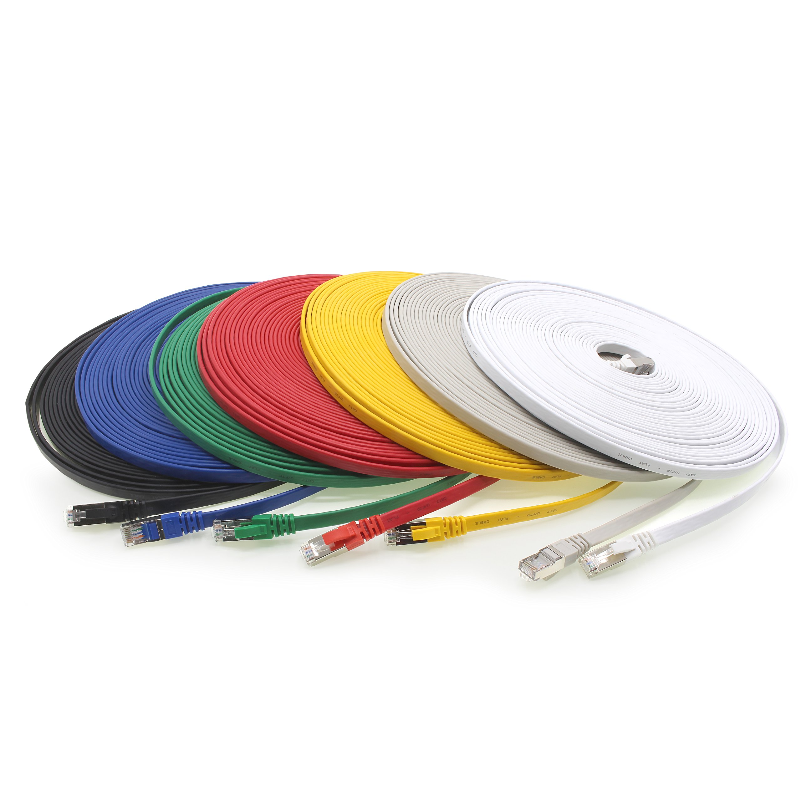7,5 m - 7 couleurs - 7 pièces Câble réseau plat Cat7 Câble brut Cat 7 Câble ruban Gigabit Lan (10 Gbit/s) Câble d'installation Câble de raccordement plat mince Prise Rj 45 Cat6a