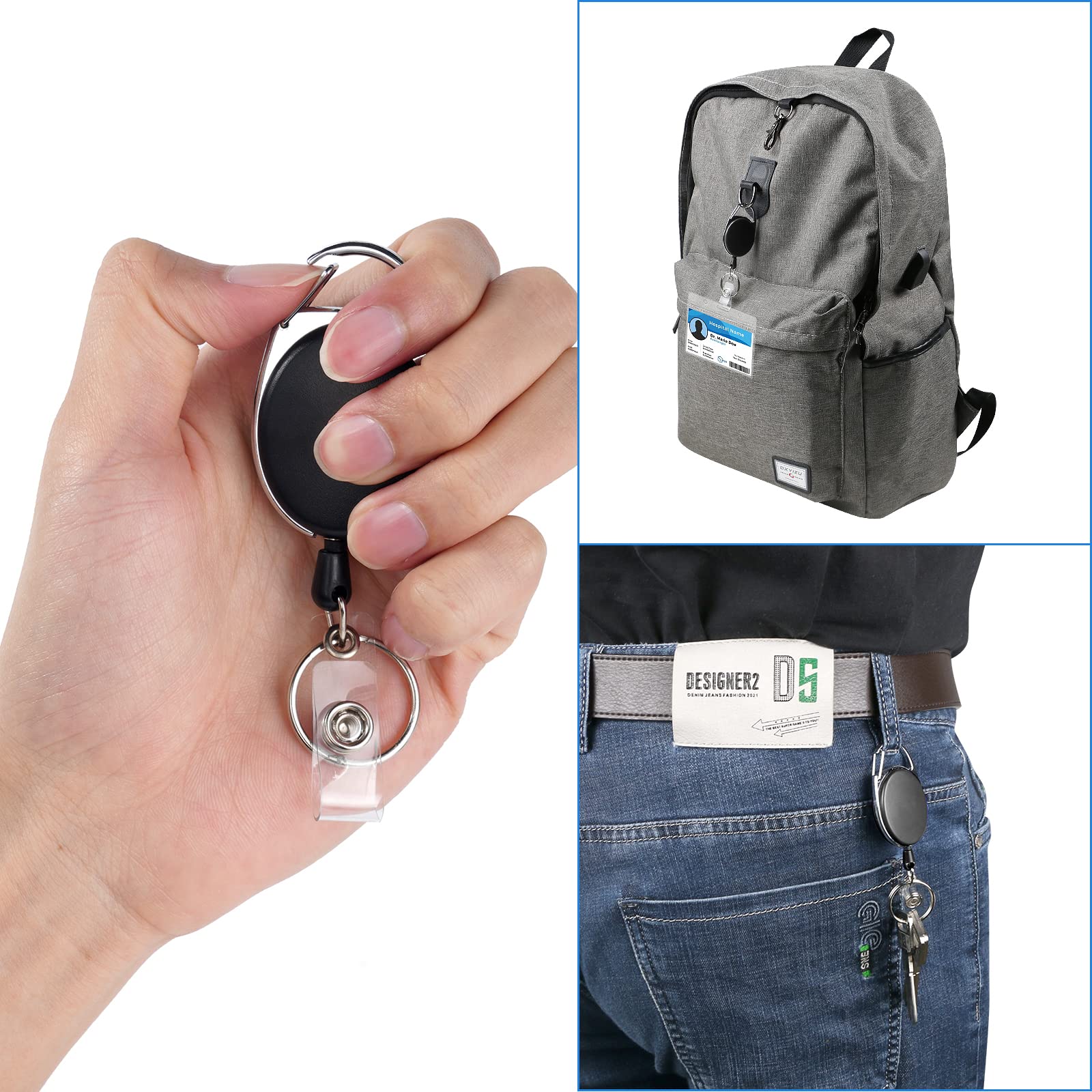 Magnetische intrekbare sleutelhanger, 2 stuks, heavy duty ID-kaarthouder, uittrekbaar met 31,8 inch stalen kabel en 2 telefoonkoorden, intrekbare ID-kaarthouder voor sleutels, ID-kaarthouder