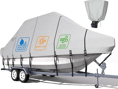 Miniatura 1 de 900D T-Top - Cubierta para lancha 100% impermeable, remolcable rígido con 19 correas resistentes al viento, cubierta de motor para consola central