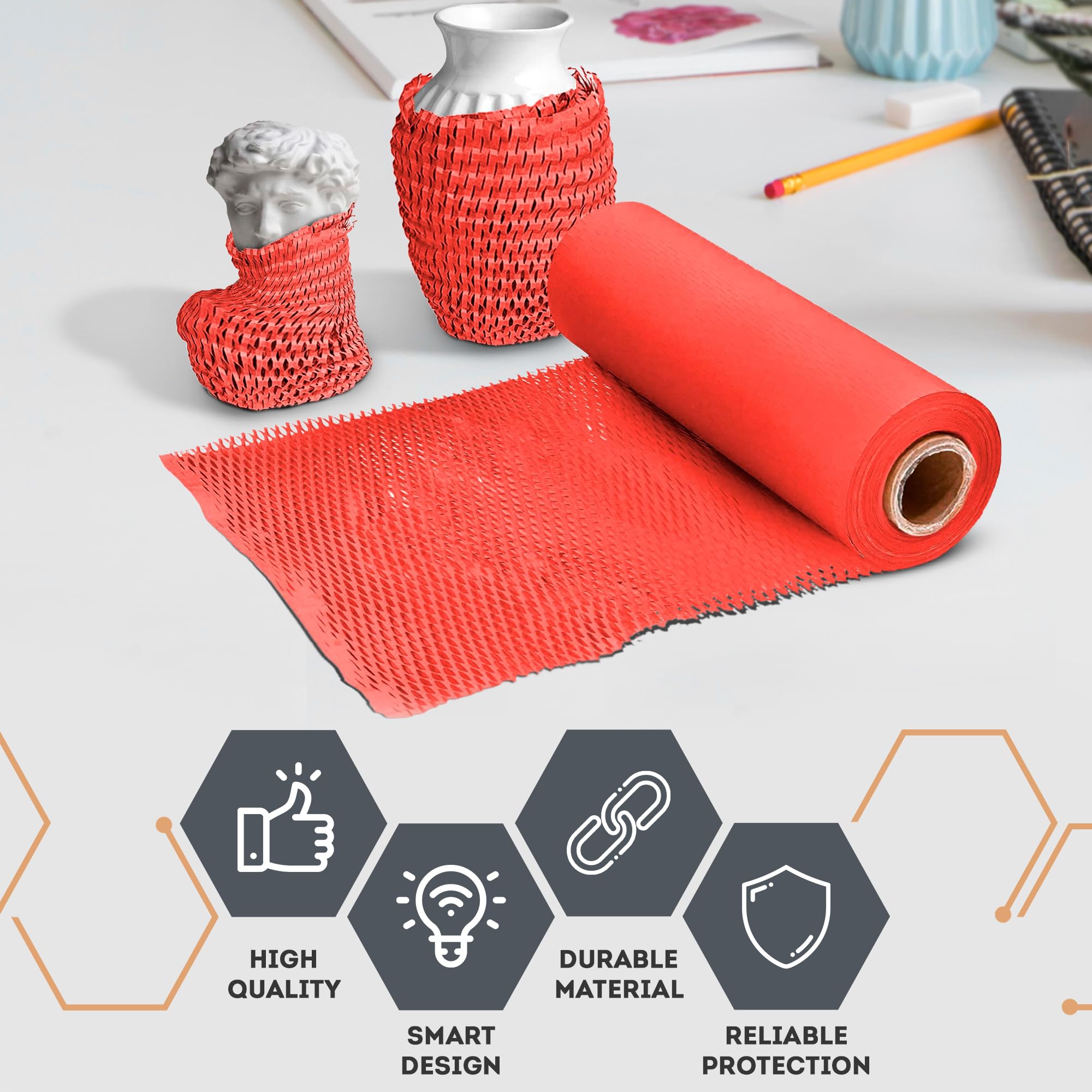 APQ - Papel de embalaje de panal rojo para mover objetos frágiles, 15 pulgadas x 100 pies. 1 rollo de papel de panal para embalar. Materiales de embalaje perforados para artículos frágiles. Envoltura