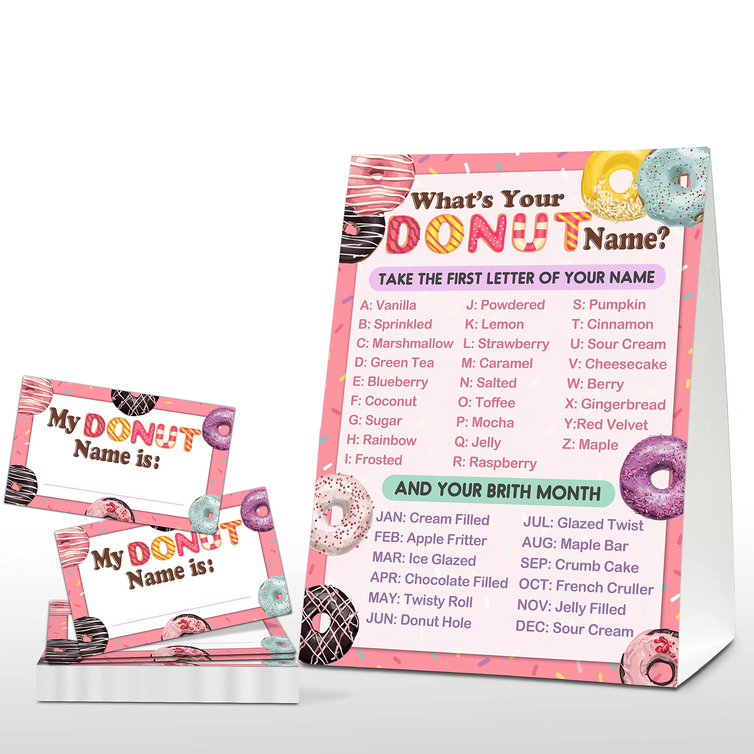 Foosproea What's Your Donut Name Game - Sweet Donut Birthday Party Games - Family Activity - 1 Standing Sign and 30 Stickers - Doughnut Party Supplies