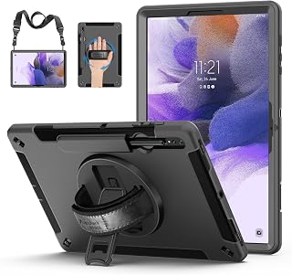 Case for Samsung Galaxy Tab S8 Plus 2022 : 3 Layer Rugged Military Grade Shockproof Case for Tab S7 FE 12.4 inch with 360° Swivel Stand - Handle - Shoulder Strap - S Pen Holder - Black