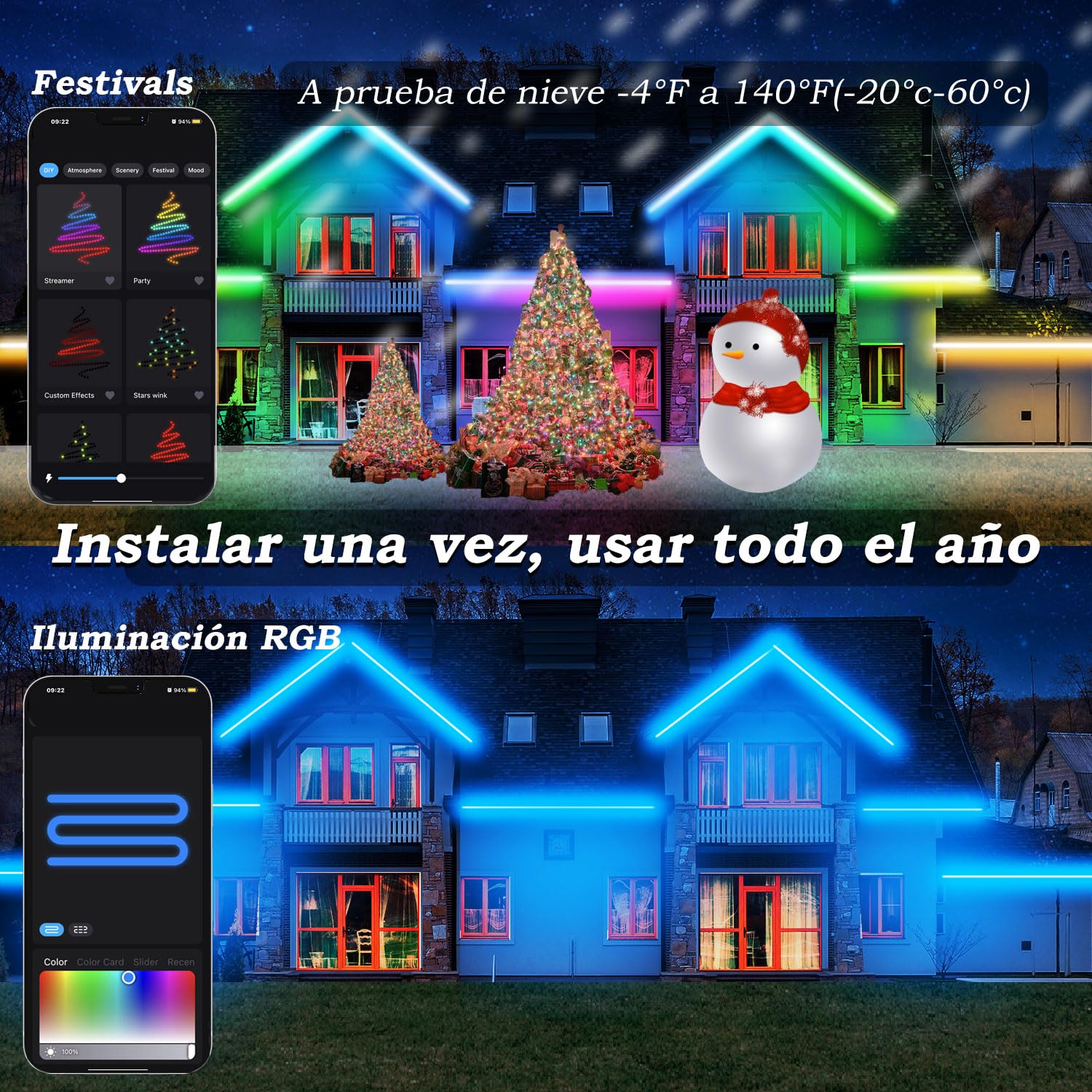 Lichaser 50M IP67 RGB+IC Tira LED Exterior Impermeable DIY, Seguimiento, Segmentación de Tiras LED con Aplicación BT y Control Remoto RF Para uso en Exteriores
