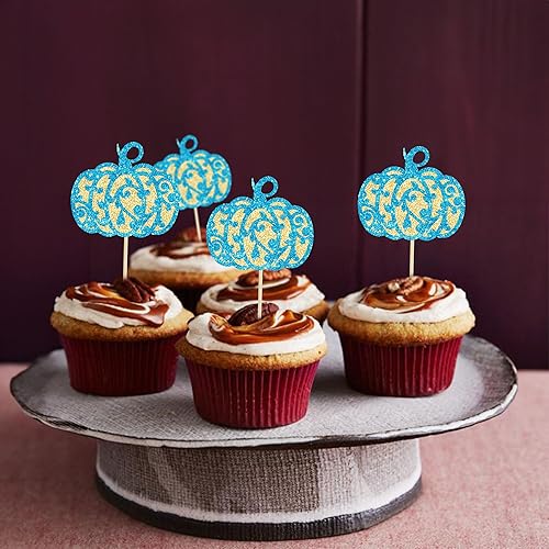 Miniatura 4 de Gyufise Paquete de 24 adornos azules con purpurina para cupcakes con hojas temáticas de otoño, decoración para baby shower, cumpleaños, Acción de