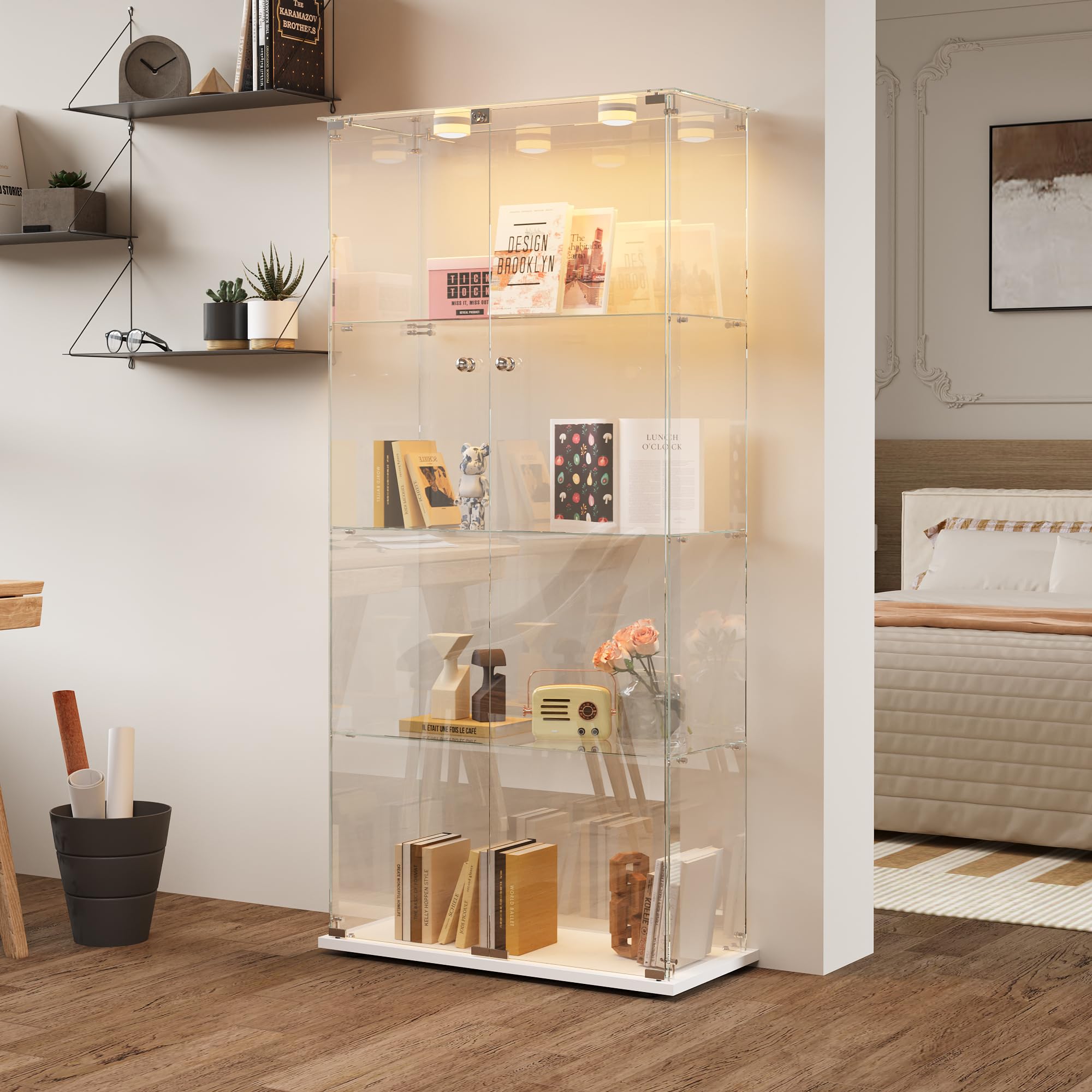 Dcomi vitrine, Dressoir met glazen planken, Multifunctioneel woonkamermeubel met LED-licht, 100