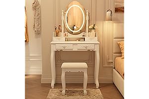 Vintage White Vanity Desk with Lights and Cushioned Stool