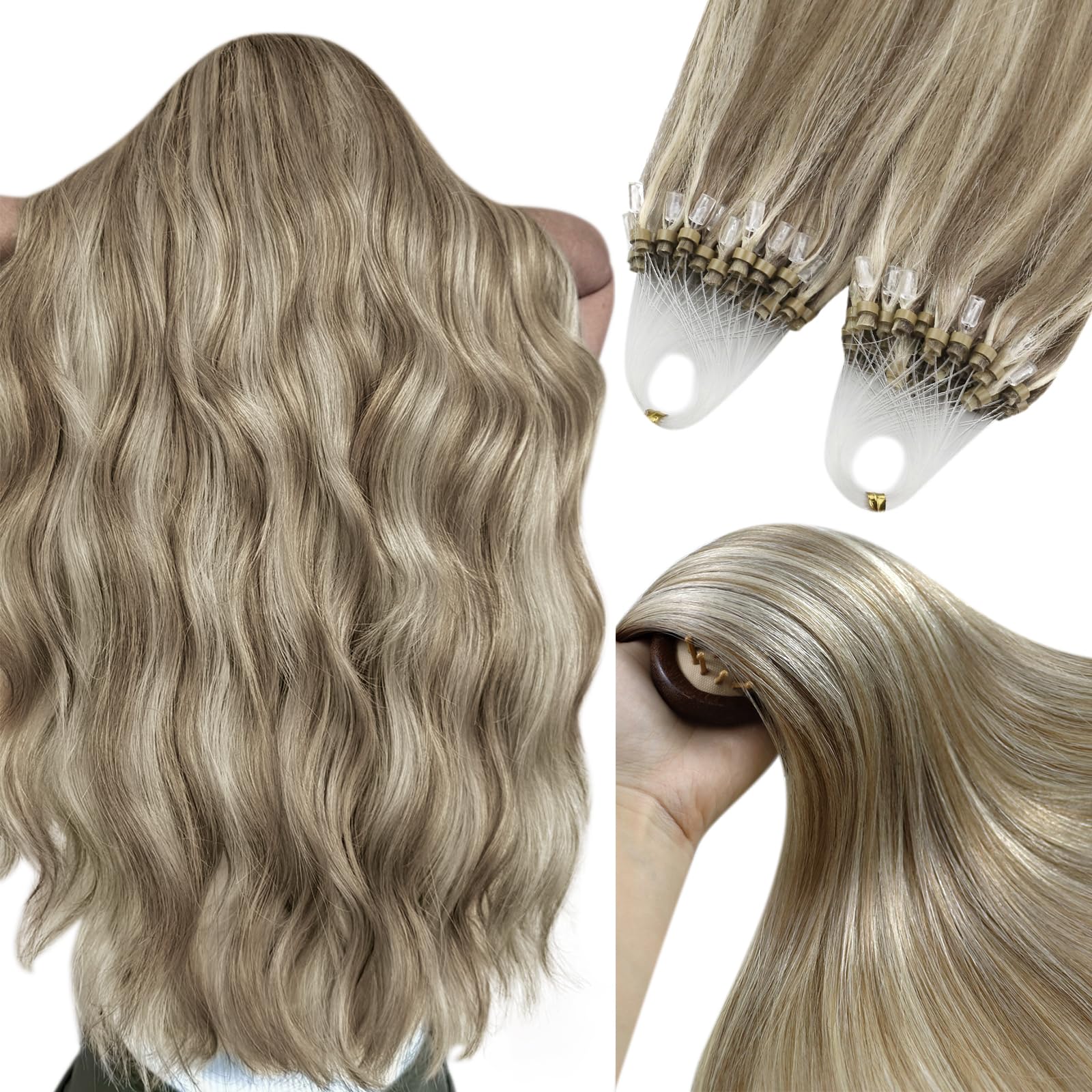YoungSee Nano Beads Hair Extensions Blonde 14inch Nano Hair Extensions Warm Ash Blonde Highlights Bleach Blonde Nano Ring Hair Extension Highlight for Women Cold Fusion 50g Short Straight 50s — view 26