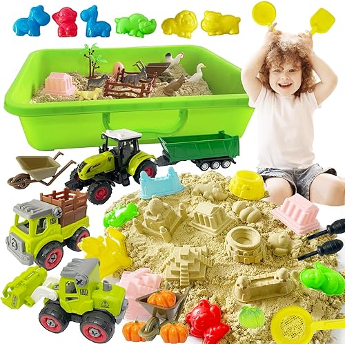 Farm Sensory Bin with 2.2lbs Play Sand for Toddlers 3-5+, Tractors Playset, Farm Animals, Barn Accessories and Sand Castle Building Kit, Sandbox with Lid for Kids Ages 4-8