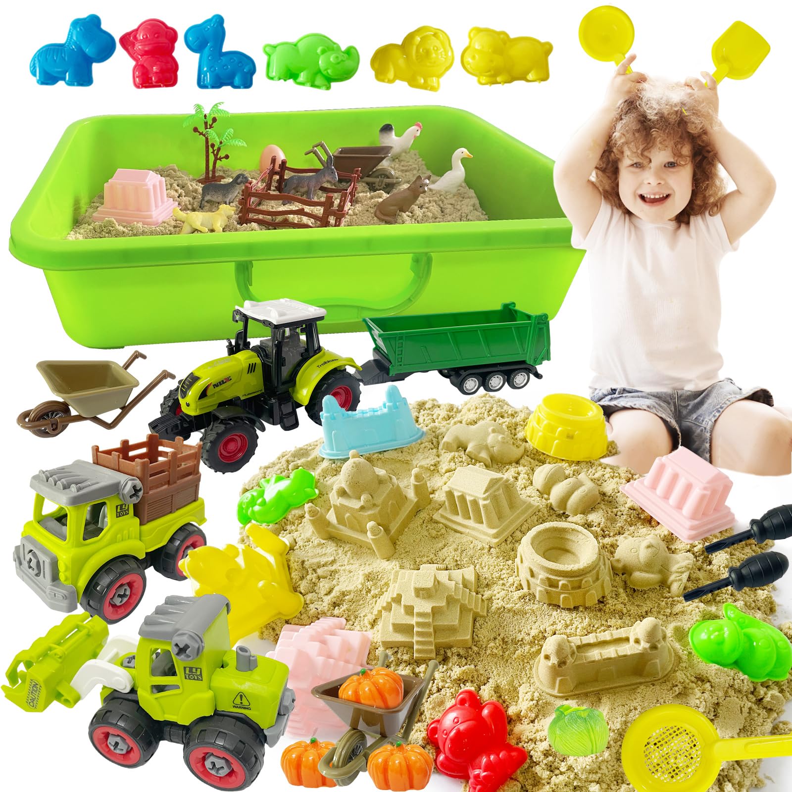 Kalysky Farm Sensory Bin with 2.2lbs Play Sand for Toddlers 3-5+, Tractors Playset, Farm Animals, Barn Accessories and Sand Castle Building Kit, Sandbox with Lid for Kids Ages 4-8