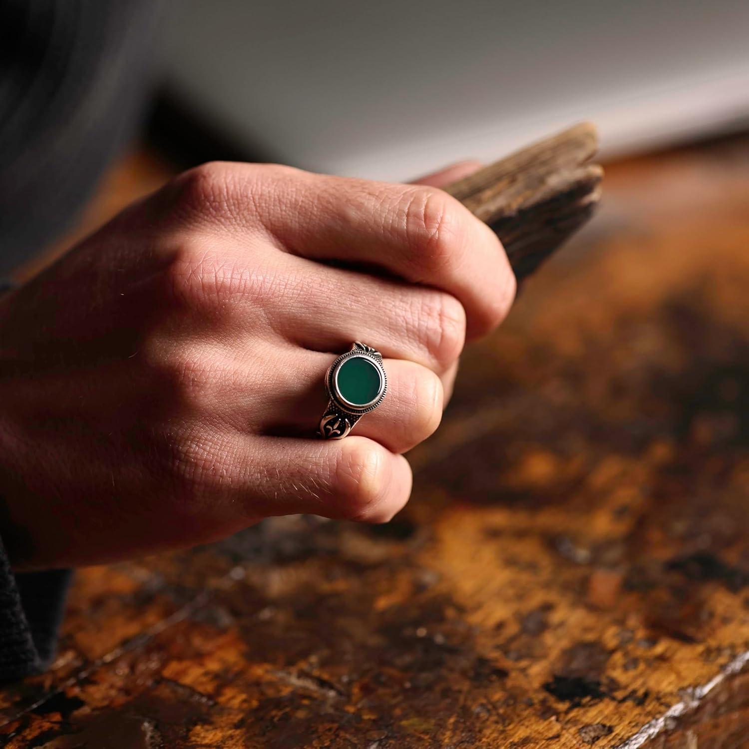 Genuine Solid 925 Sterling Silver Black Onyx Stone, Anatolian Motif Ring for Men