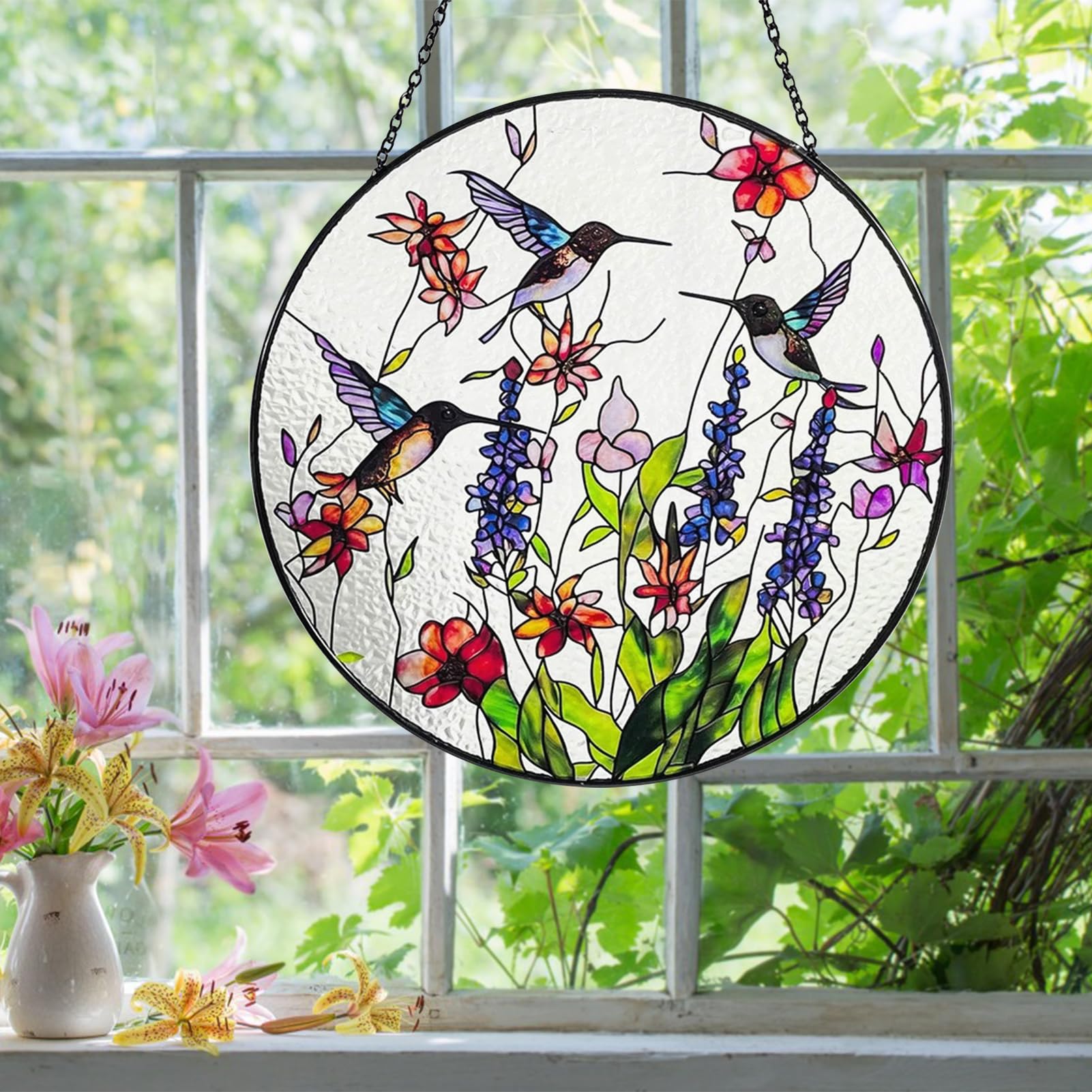 Hummingbird Stained Glass Suncatcher, Stained Glass Panel with Hanging Chain - Image 4