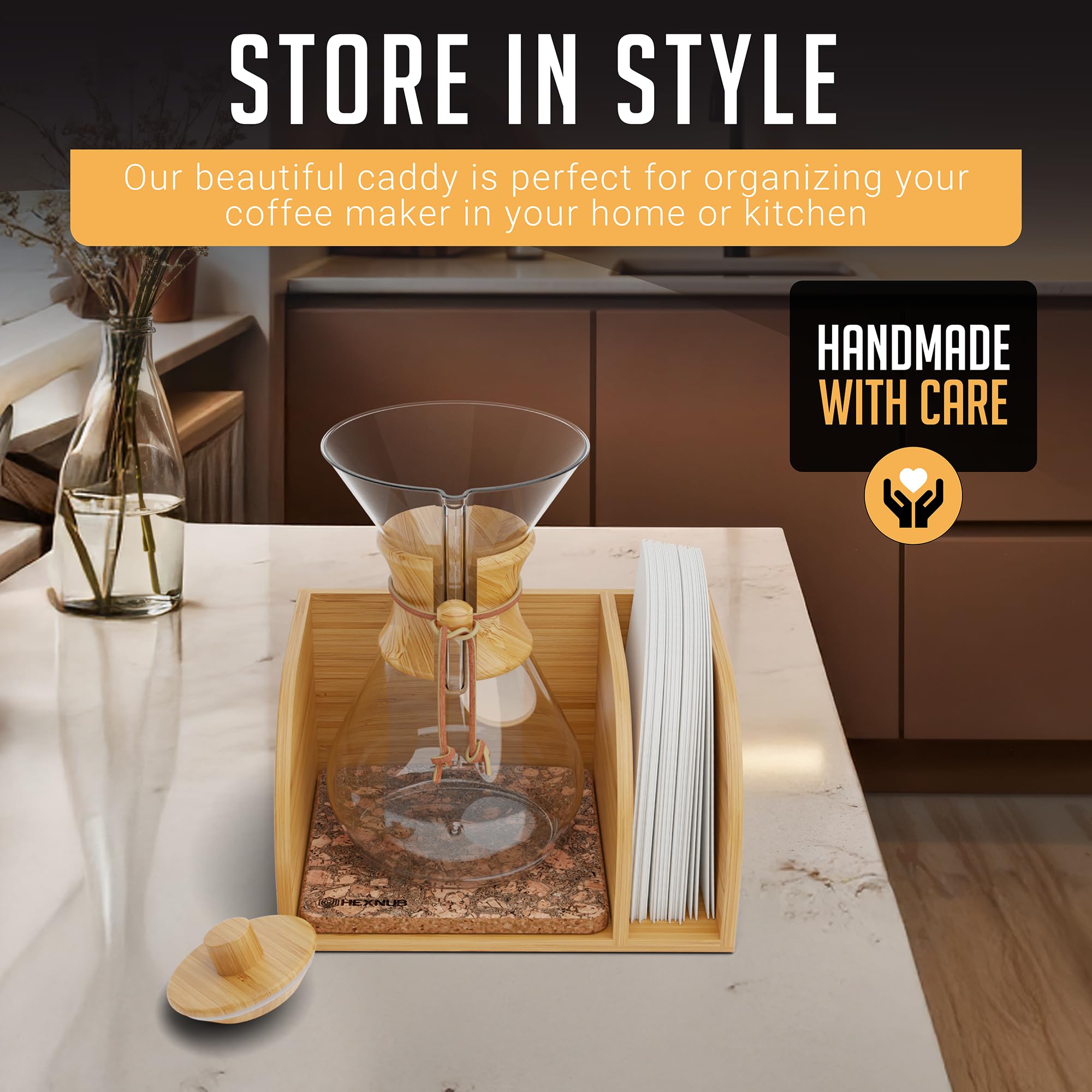 Organizador y tapa para cafetera, soporte de bambú para jarras de café Chemex, Bodum, Cosori, alfombrilla resistente al calor, soporte de filtro para cafetera de goteo, tapete de corcho 4