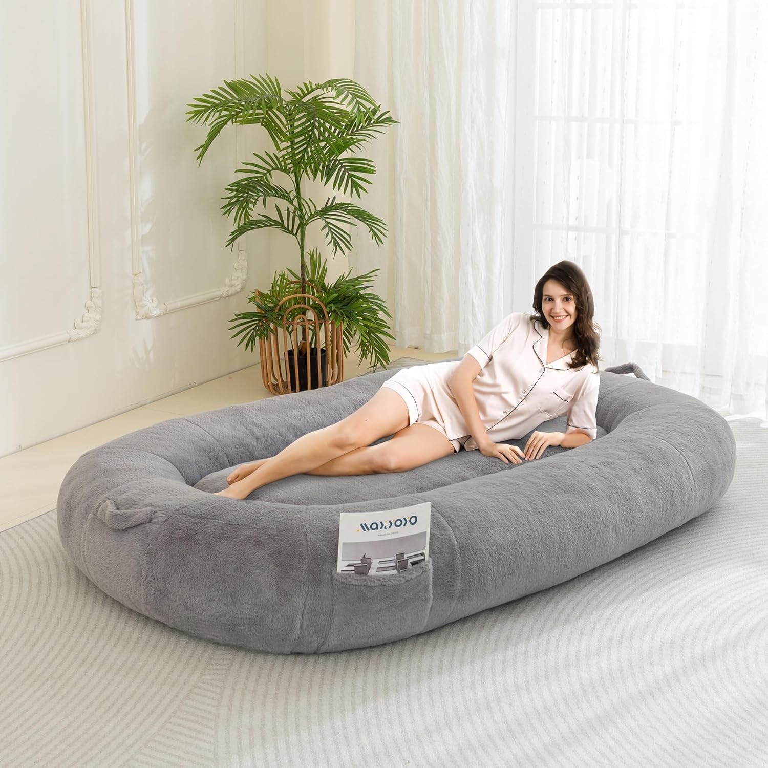 MAXYOYO Dog Bed for Human, Faux Fur Giant Bean Bag Bed for People Adults, Extra Large Size Dog Bed for Pets, Cozy Nap Bed with Handle, Removable Cover, Grey, 72.8"x45.3"x12"