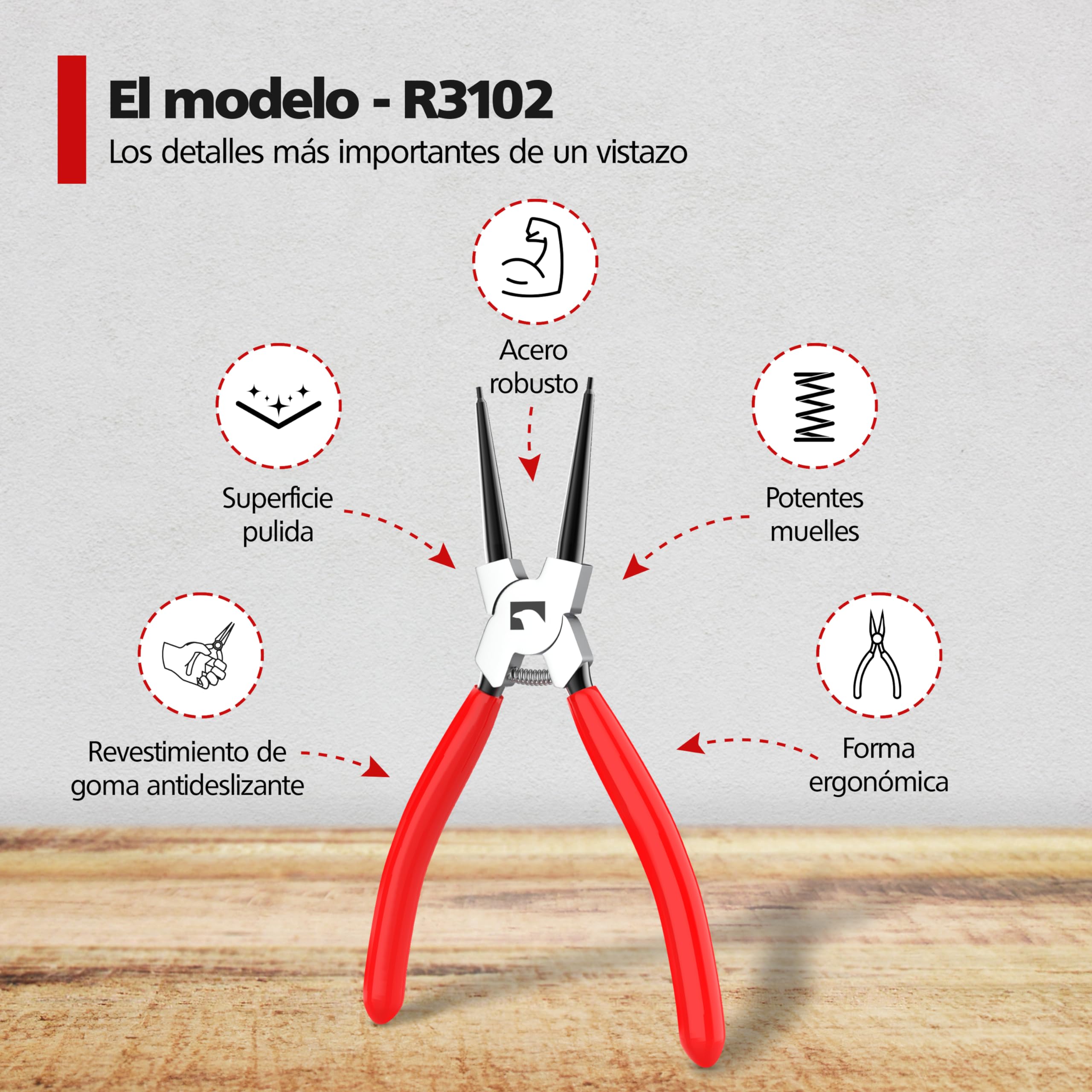 RAVN HAMAN 4 x Alicates Circlip 175 mm Rojo - - Alicates para arandelas con puntas de precisión - - Alicates circlip con mangos antideslizantes - - Alicates en bolsa de almacenamiento