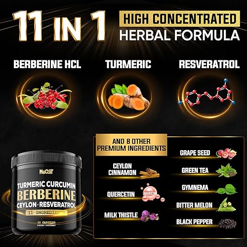 Miniatura 2 de Suplemento de berberina con curcumina de cúrcuma 4500 mg Trans-Resveratrol 4500 mg y más - Apoya el manejo corporal y el sistema inmunológico - 60