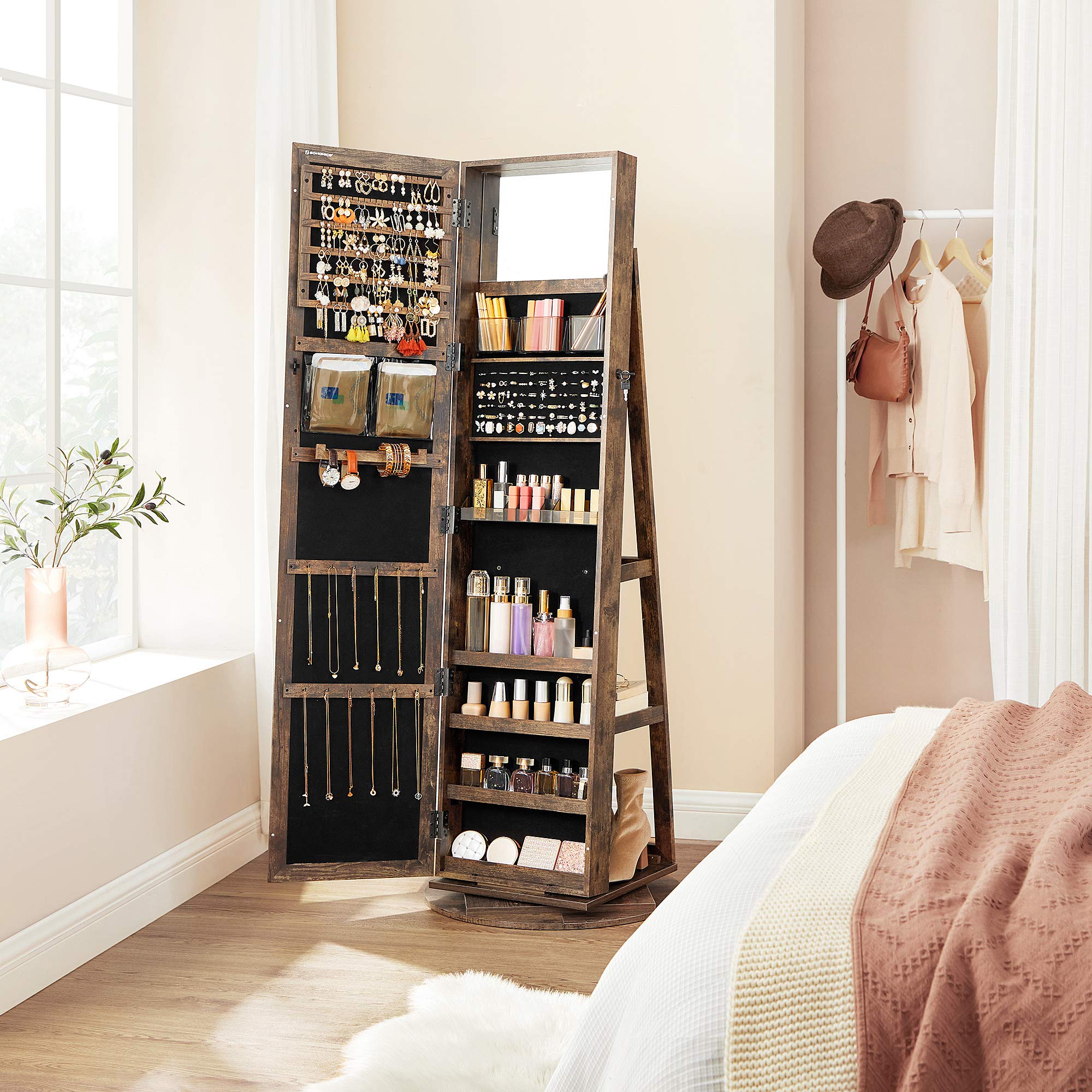 SONGMICS 360° Swivel Jewelry Cabinet, Lockable Jewelry Organizer with Full-Length Mirror, Rear Storage Shelves, Built-in Small Mirror, Jewelry Armoire, for Women, Rustic Brown UJJC006X01