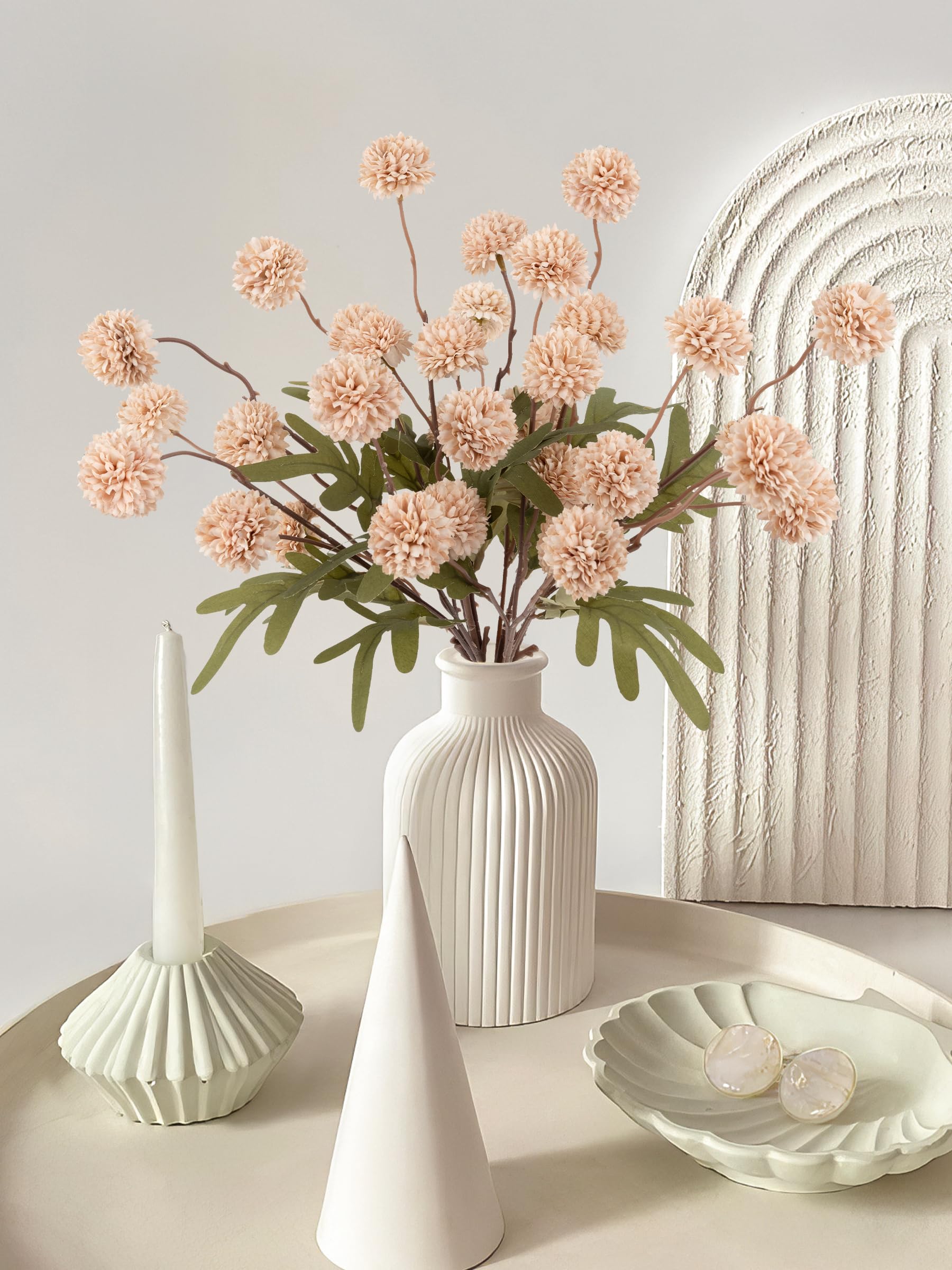 HOHOTIME Künstliche Pompons aus Kunstseide, 6 Stück, große künstliche Mini-Chrysanthemen mit Stielen für selbstgemachte Blumensträuße, Hochzeitsdekoration, beige neutrale Blumenarrangements, Pom Pom
