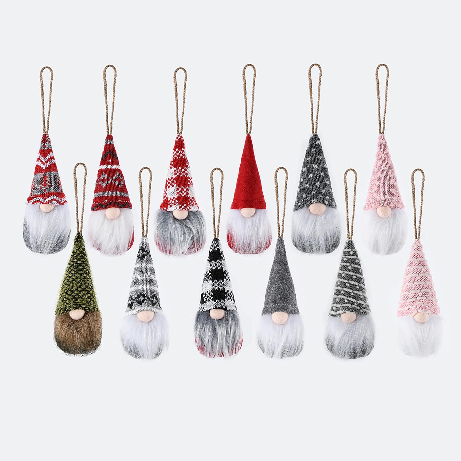 12PCS Christmas Tree Hanging Gnomes Ornaments Set, Swedish Plush Gnomes Beard Ornaments, Handmade Scandinavian Santa Elves, Holiday Decorations for Home