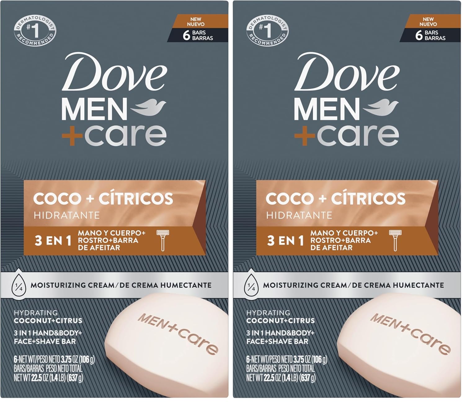 DOVE MEN + CARE Hidratante Coco + Cítricos Hand & Body Face-+ Shave Bar for Hydrated Skin 3.75 oz,(Pack of 12)