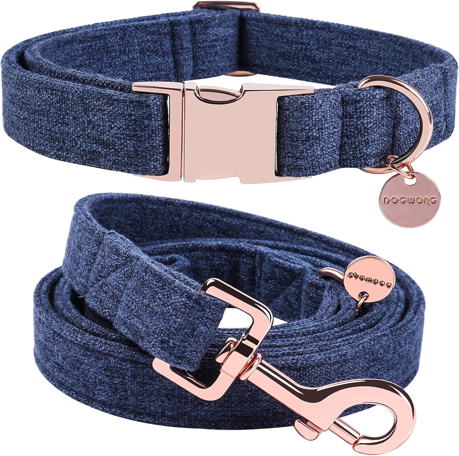 DOGWONG Cotton Dog Collar and Leash Blue Pet Collar Soft Durable Puppy Collar for Small Medium Large Dogs