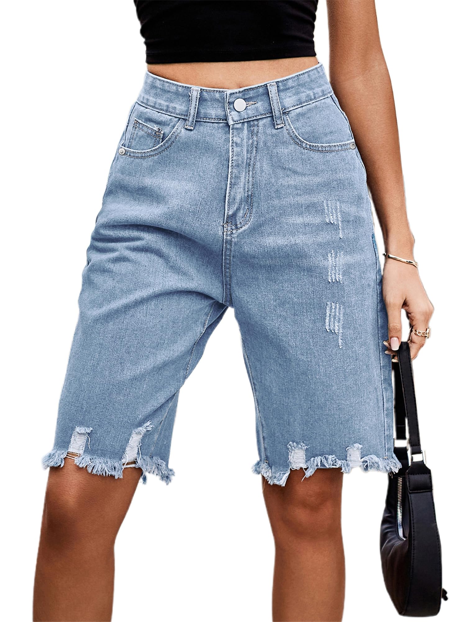 SANSIWU Womens Ripped Denim Bermuda Shorts High Waist Raw Hem Stretchy Short Jeans Knee Length Casual Denim Jean Short (A-Sky Blue, 2XL)