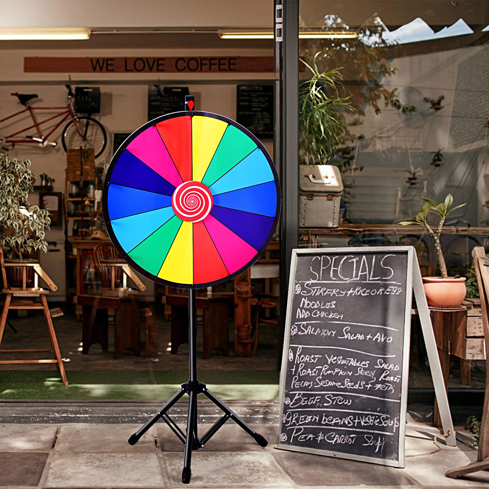 RELAX4LIFE Ruota della Fortuna 60 cm/24’’ da Terra con Altezza Regolabile 111-157cm, 14 Slots Colorate, Scrivibili, Cancellabili,Pennarello e Cancellino, Base in Treppiedi, 2 Indicatori da Ricambio