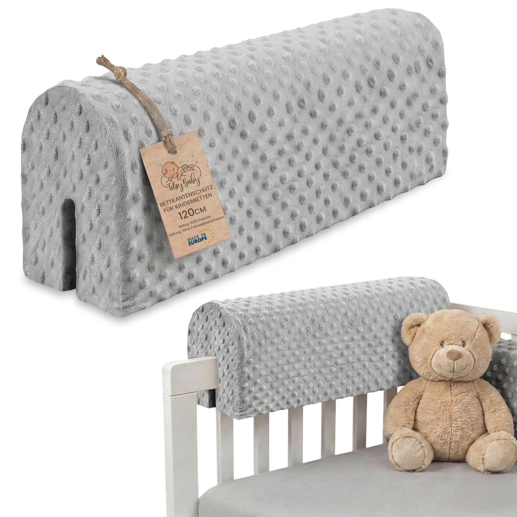 Bettkantenschutz für Kinderbetten Minky 120 cm - Schutz für Bettrahmen Baby Bett rausfallschutz für boxspringbett bettgitter mit Minky Bezug Kantenschutz Kinder Babybett Hellgrau