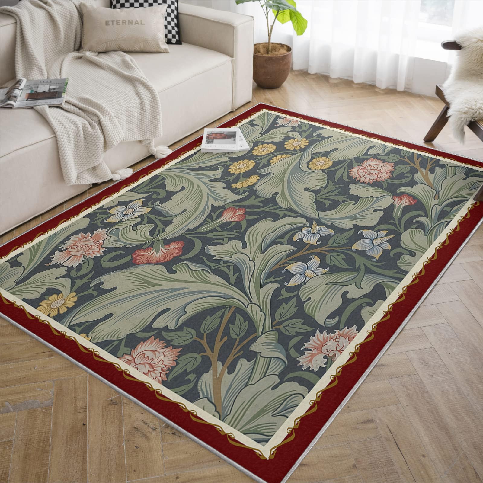 Dywan wiejski 60x120cm cienki zmywalny botaniczny antypoślizgowy do salonu sypialni kuchni podłoga kwiat wielokolorowy wzór zielonego liścia krótkie włosie w kratkę