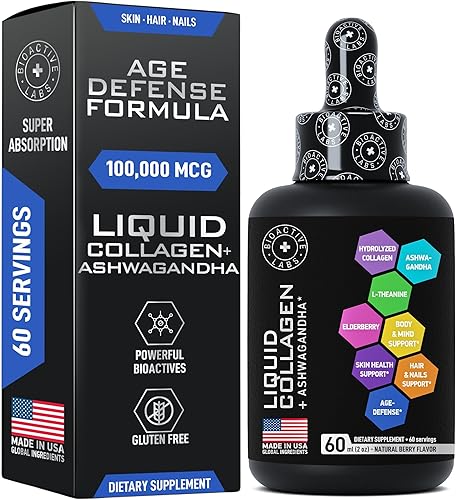 Miniatura 2 de BIOACTIVE LABS Colágeno líquido con Ashwagandha y cápsulas de colágeno múltiple - Paquete de defensa de la edad
