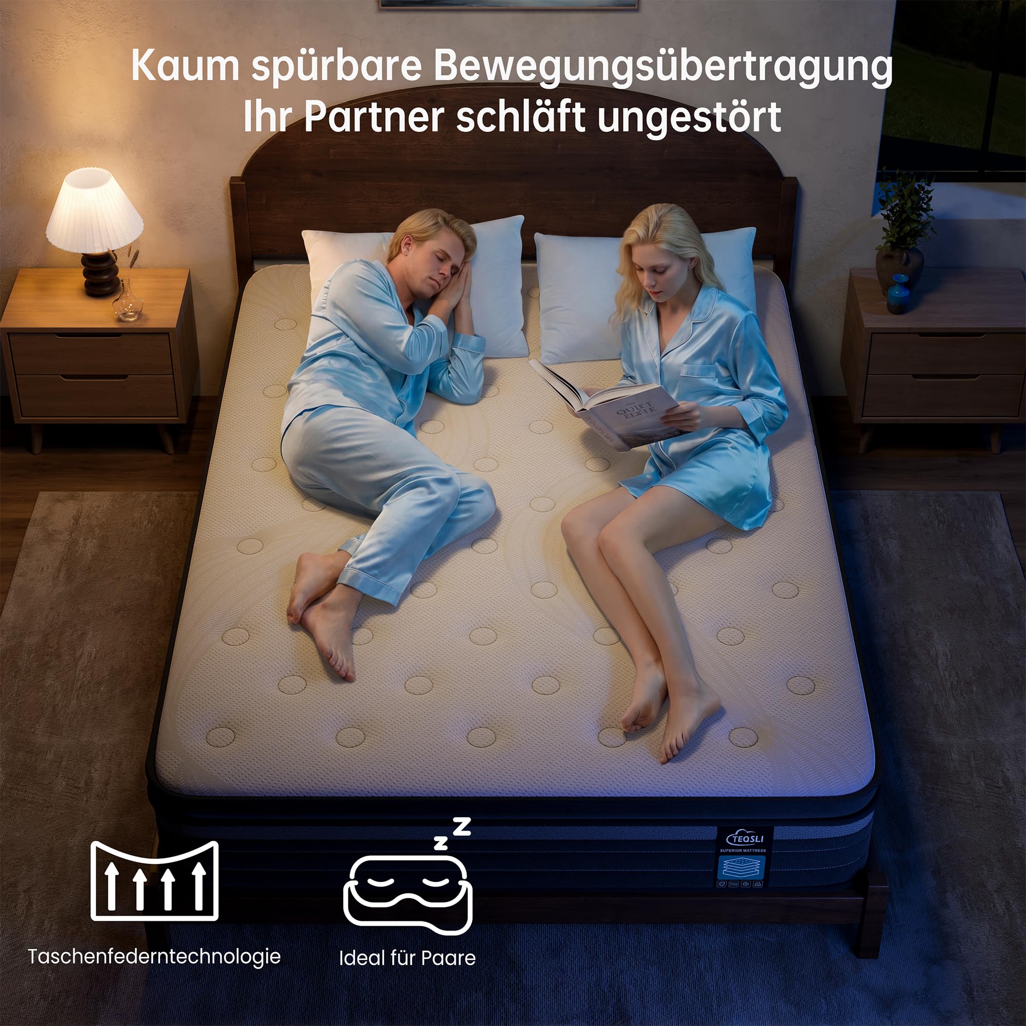 TeQsli Taschenfederkernmatratze 90x200cm Höhe 25cm Härtegrad H3 – orthopädische 9-Zonen Matratze mit Gel-Memory-Schaum, Rücken- & Druckentlastung, atmungsaktiver Bezug, Öko-Tex & CertiPUR zertifiziert
