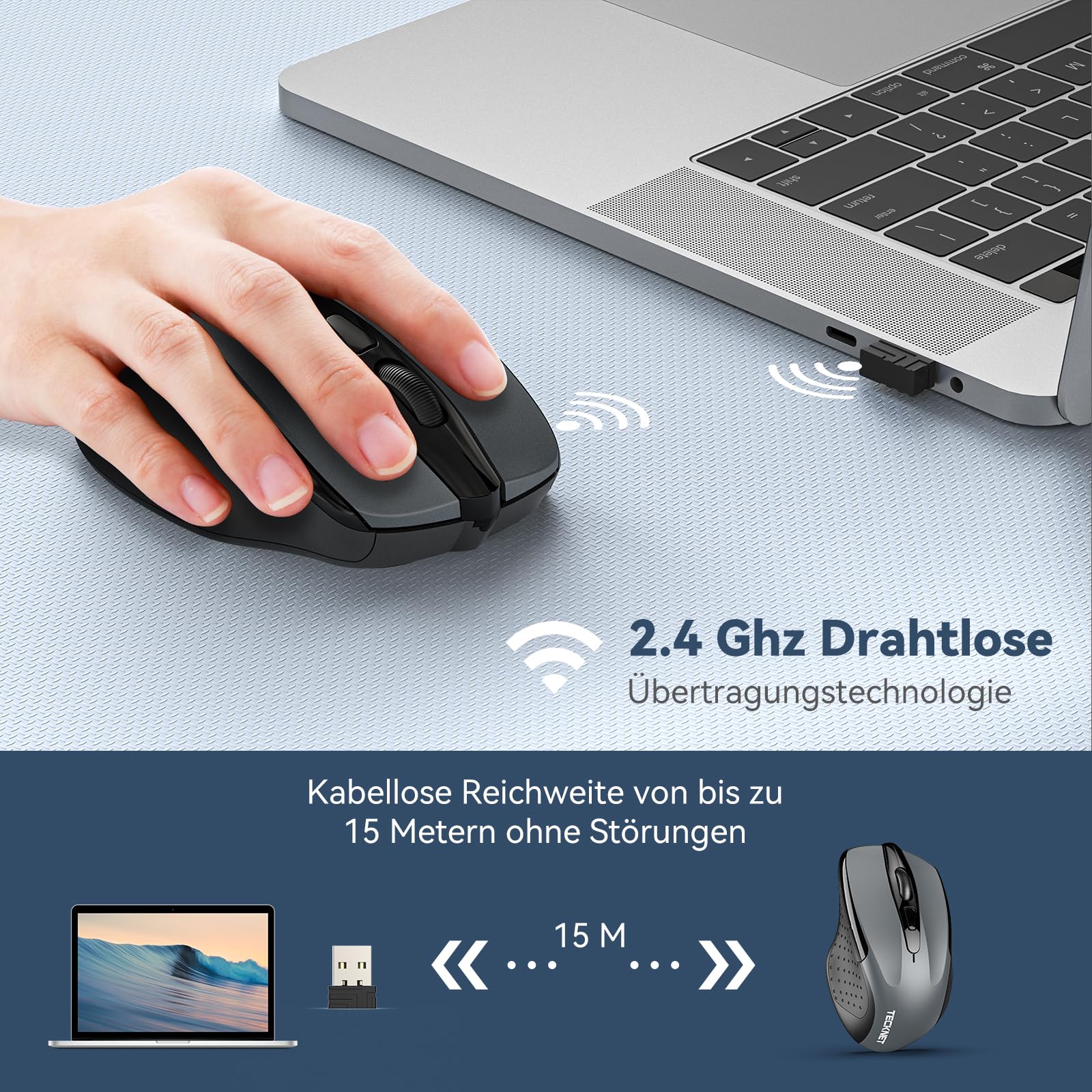 Besuche den TECKNET- TECKNET Kabellose Maus, 2.4G Optische Funkmaus mit USB Empfänger, 2600 DPI, 24 Monate Akkulaufzei, Ergonomisches Design Wireless Mouse Kompatibel mit Laptop, PC, MacBook, Office Home, Grau in use