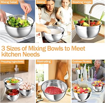 Nicdiet Mixing Bowls with Airtight Lids, Stainless Steel Mixing Bowl Set with 3 Metal Nesting Bowls, Colander & Grater, Non-Slip Bottoms, Size 1.5, 2.5, 5 QT, Great for Mixing & Serving, Khaki