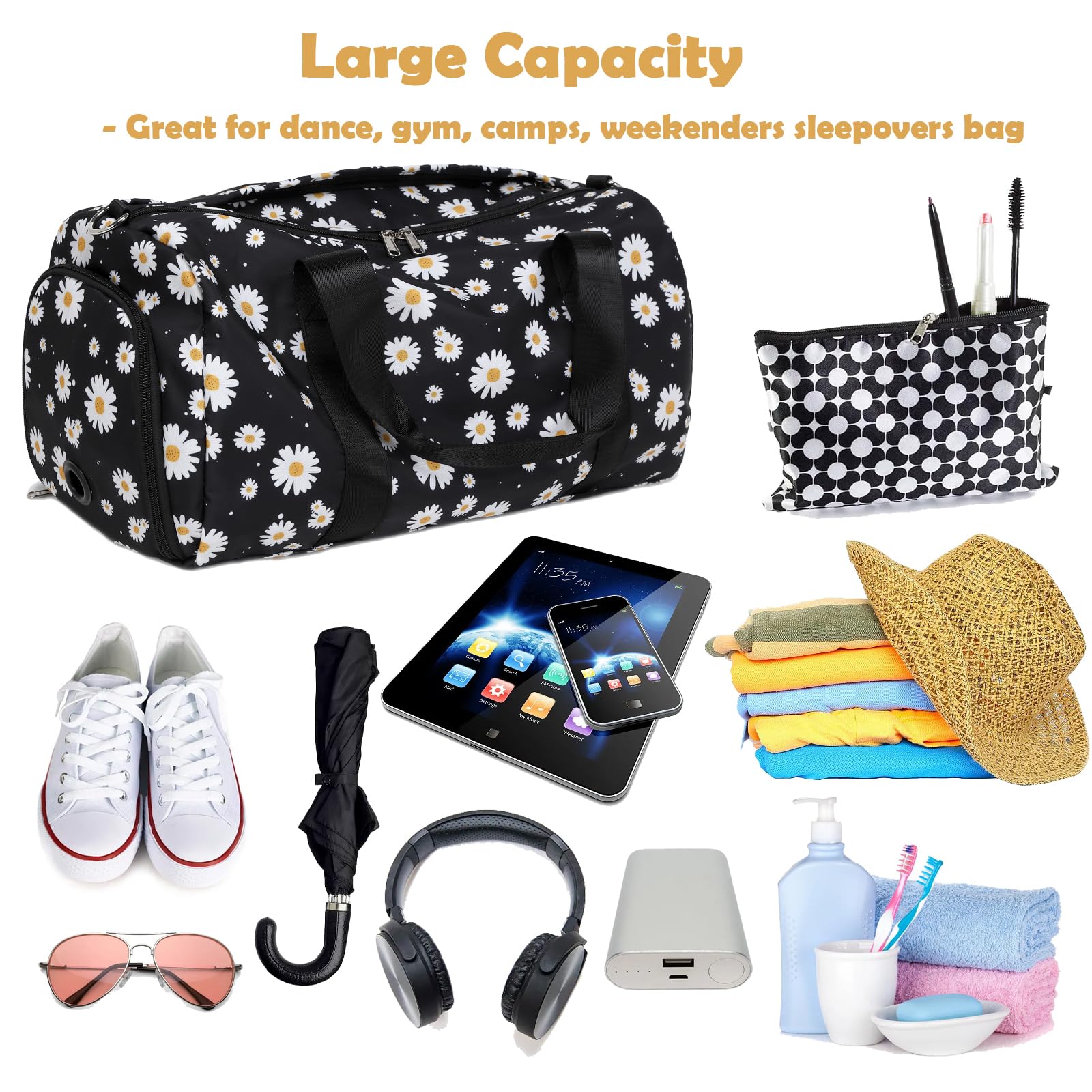 Kimwadalh Sac de voyage pour filles avec poches humides/chaussures pour le sport pendant la nuit, Motif fleurs Noir, 18"L x 8"W x 9.75"H, Daisy Black