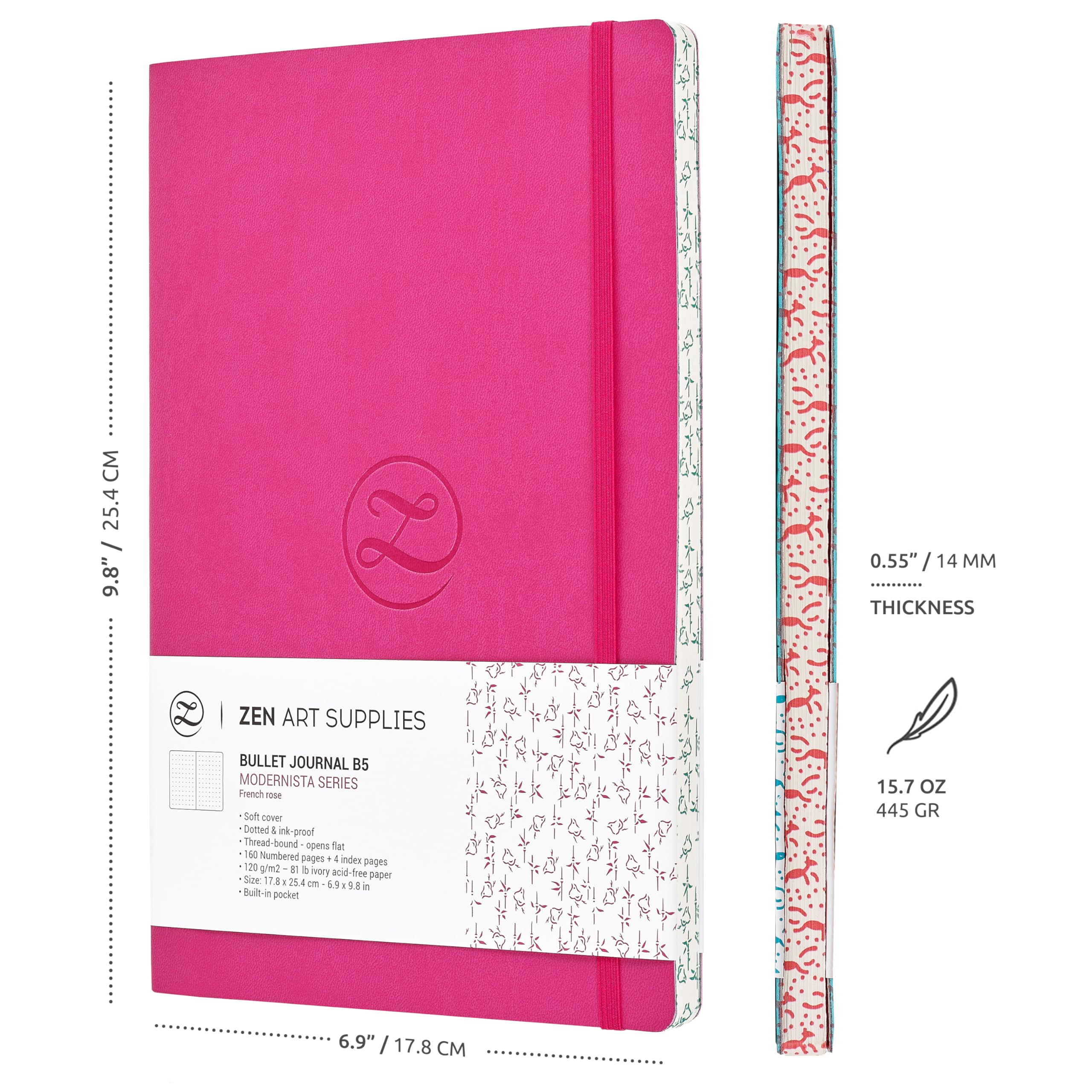 ZenART Quaderno Puntinato In Ecopelle per Appunti, 17,8 x 25,4 cm (B5), 120 GSM, Colori Vivaci, Bordo con Motivo Giapponese - Apertura a 180° con Griglia Punteggiata Per Personalizzare La Tua Agenda