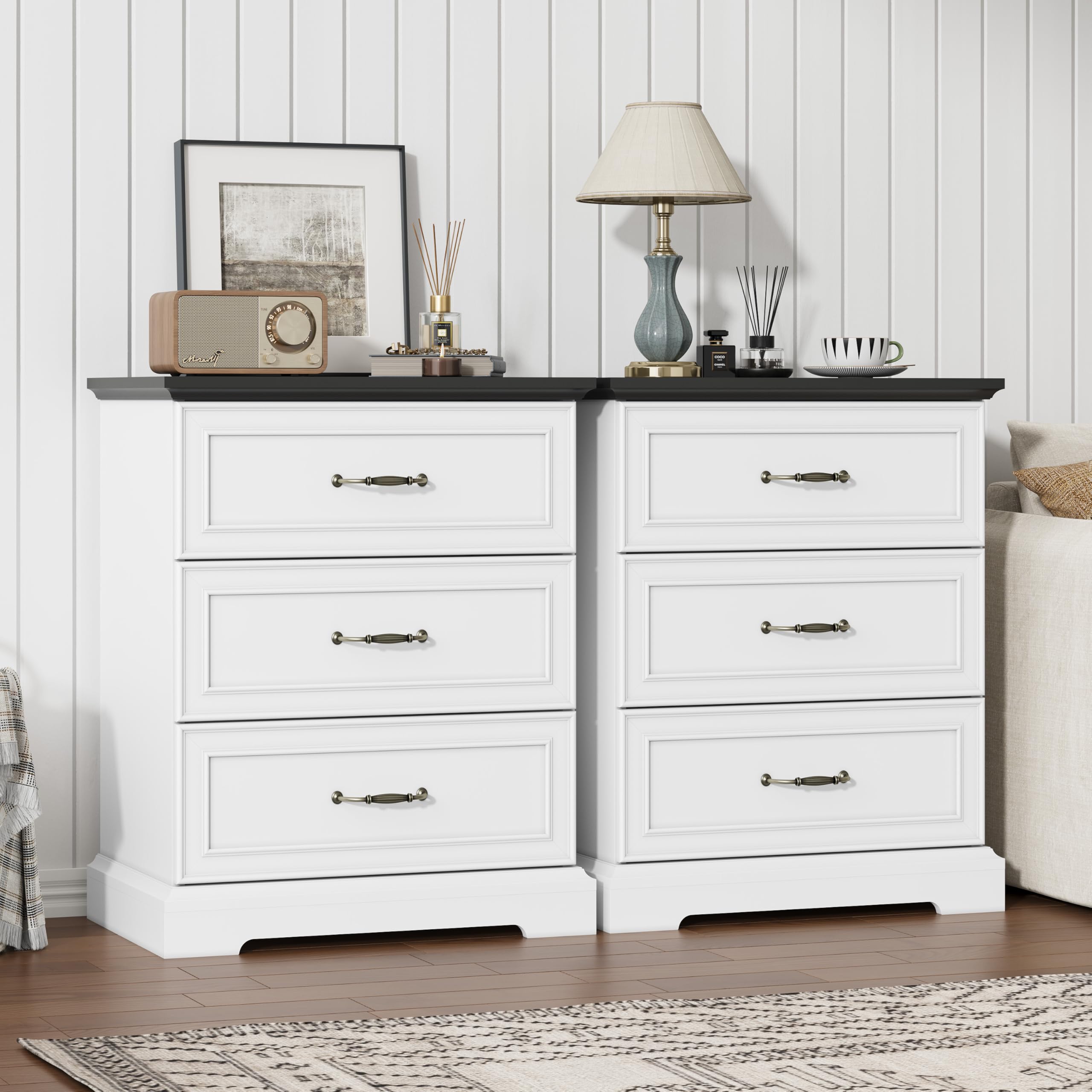 White Nightstand Set of 2,24" Wide End Table with 3 Large Drawers & Metal Handles,Rustic Farmhouse Wood Small Night Stand,Bedside Table,Modern Chest of Drawers for Bedroom,Living Room