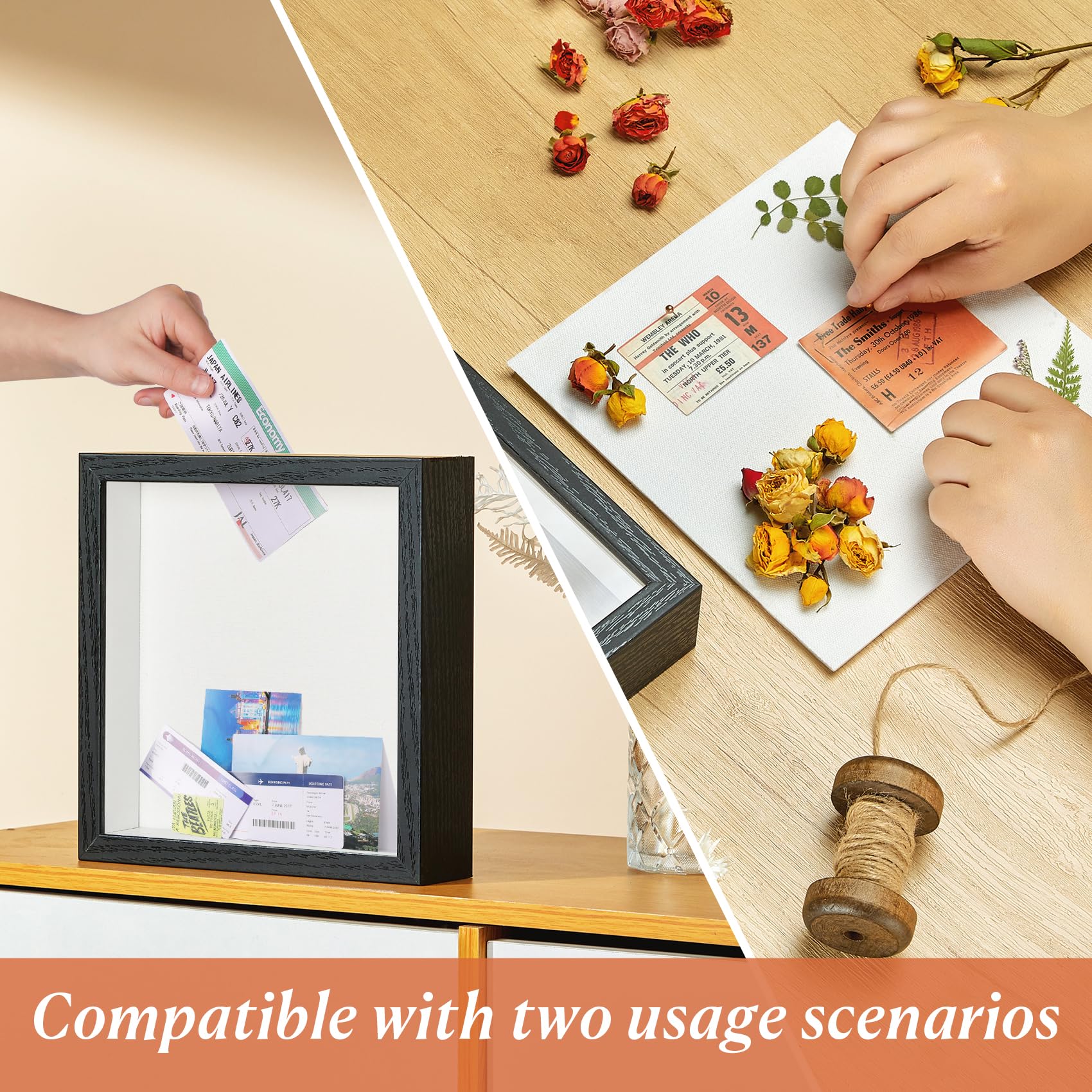 MUXIUNT Travel Adventure Challenge Archive Shadow Box Picture Frame with Slot,8x8In Travel Ticket Card Memory Box for Keepsake Box, Top Loading Shadow Box Display Case Travel Decor Gift (Black,8x8)