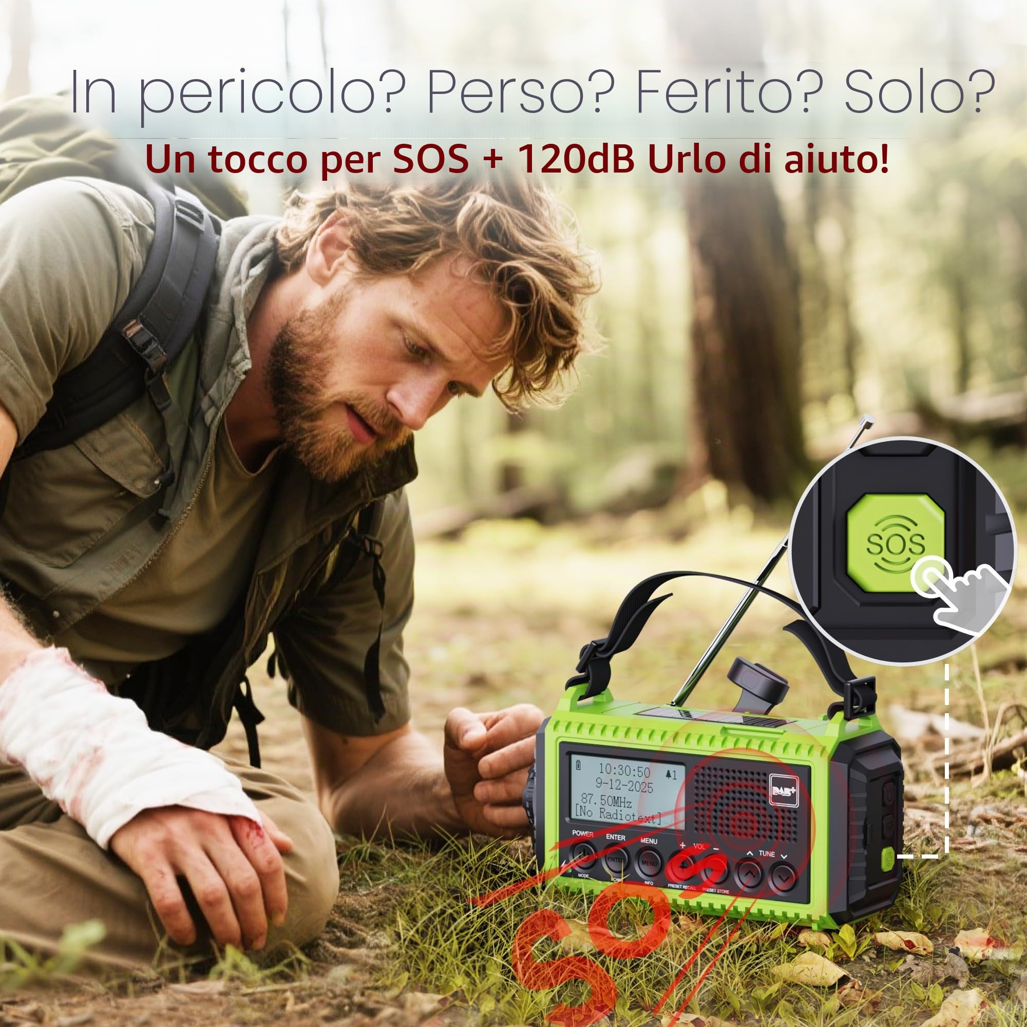 DAB/DAB+/FM radio portatile, Solare Radio a Manovella, Batteria Ricaricabile 5000 mAh, Torcia a LED e Luce di Lettura, Allarme SOS, Impermeabile IPX4, per Escursioni, Campeggio, Emergenza