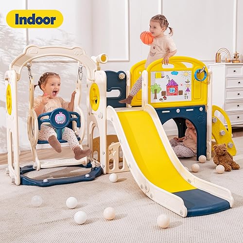 Miniatura 7 de Juego de toboganes y columpios para niños de 1 a 3 años, parque infantil para interiores y exteriores con escalador, aro de baloncesto, túnel y