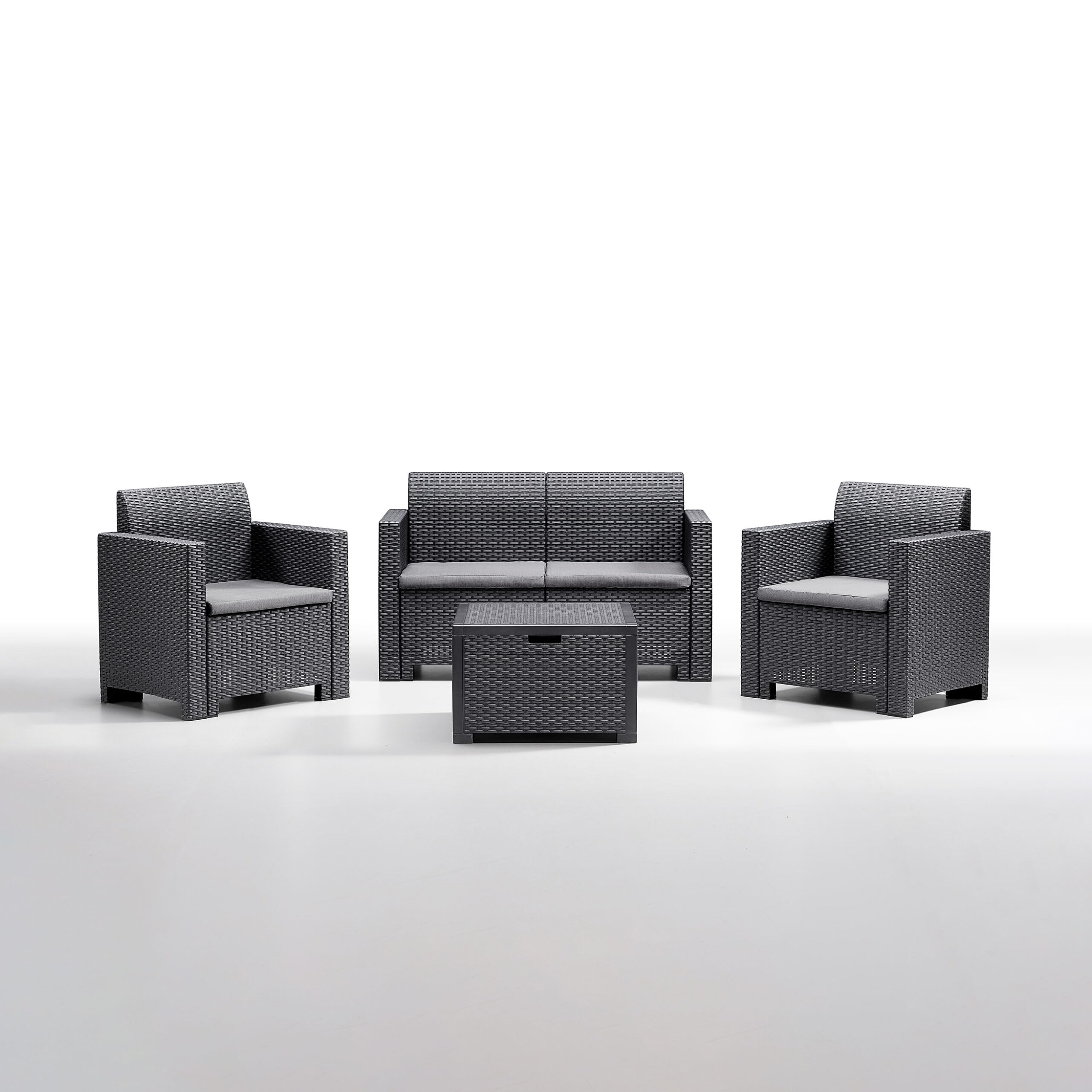Generico Bica - Salottino Lounge da Giardino in Polipropilene – Set 4 Pezzi con Tavolino Contenitore e Cuscini – Eleganza e Comfort per i Tuoi Spazi Esterni