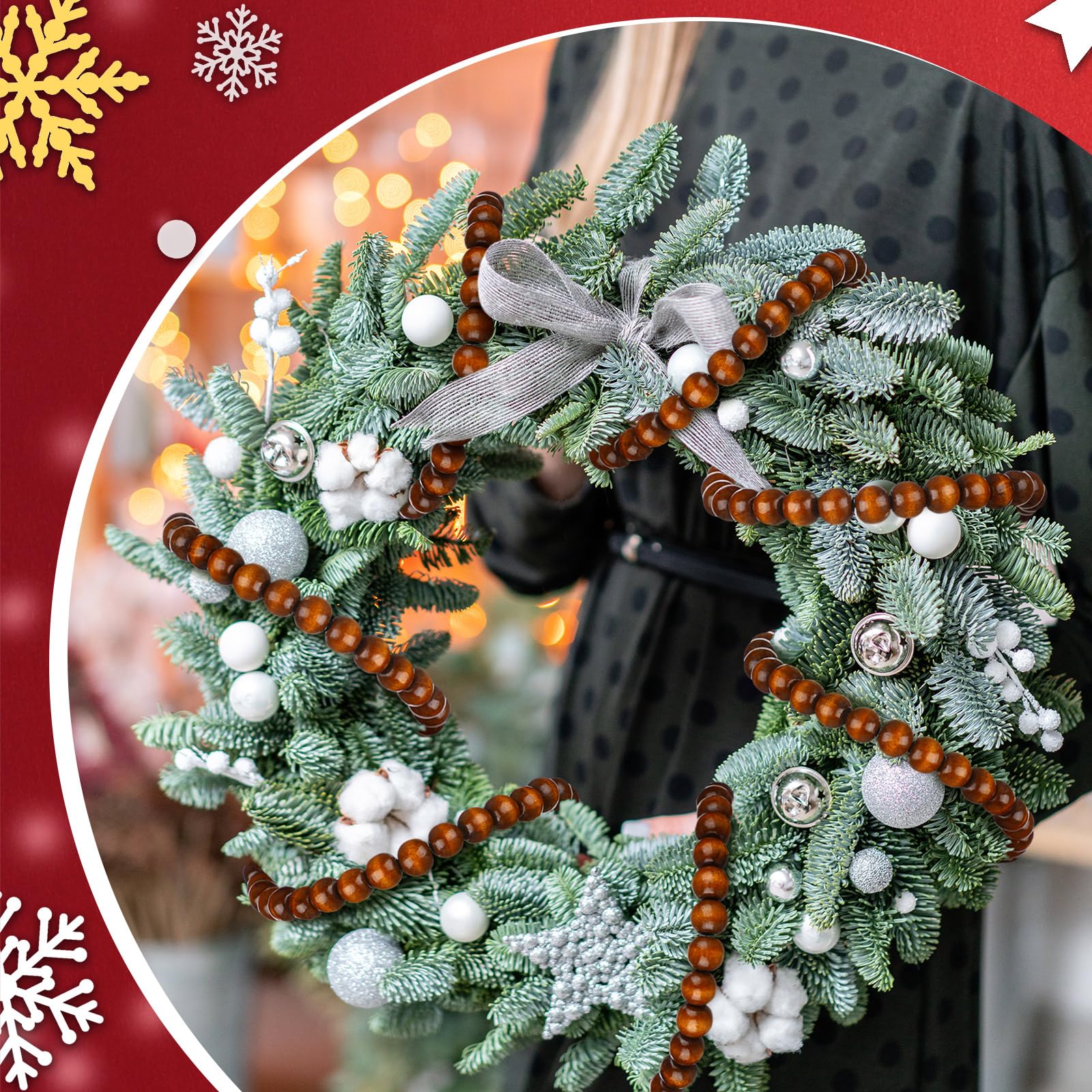 Giegxin Lot de 2 guirlandes de perles de Noël en bois marron de 20 m au total, décoration rustique pour sapin de Noël, plateau mural, guirlande de perles pour cadeaux de Noël