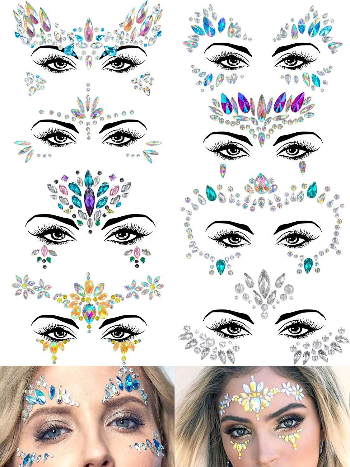 8 Sets Mermaid Face Jewels - Crystal Rhinestone Rave Festival Face Gemstones Stickers, Tears Gem Stones Temporary Tattoos for Festival Holiday Costumes