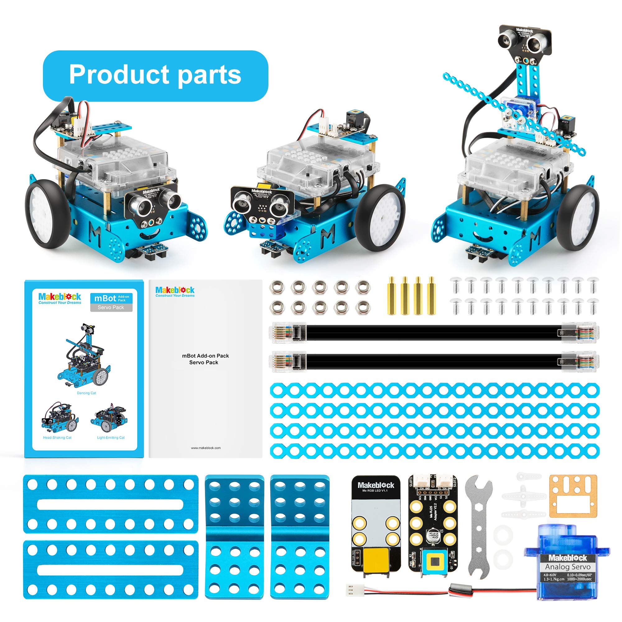 Makeblock mBot Robot Pack Complémentaire, Servo Pack, Robotique Pack complémentaire 3-en-1, 3 Chats 3 Formes, Chat Dansant, Chat Secouant la Tête, Chat Émetteur de Lumière