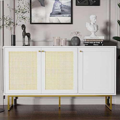 Cozy Castle Aparador Buffet con puertas de ratán, Armario de almacenamiento con 3 puertas, Gabinete de barra de café con patas doradas, Mesa consola