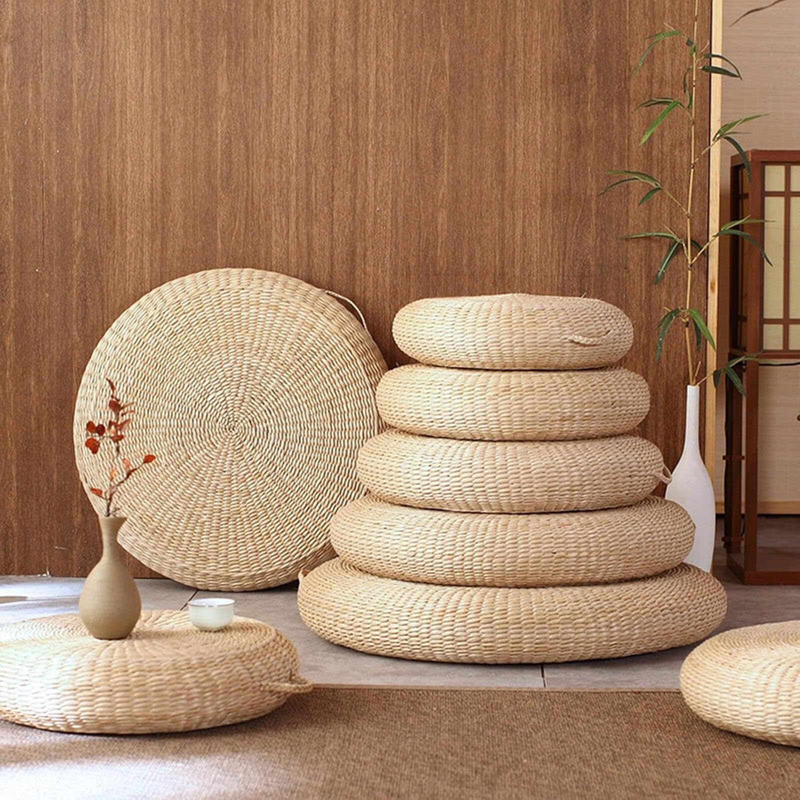 Genérico Cojín de Paja Tejida, Cojín de Suelo de Tatami, Cojín de Meditación Tradicional, Cojín Redondo para Silla de Tatami, Asiento de Yoga, Adecuado para Jardín, Comedor(45cm)
