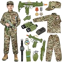 GIFTINBOX 15PCS Kids Army Soldier Costume Set - Camo Uniform, Sound/Light Accessories, Halloween Role Play for Boys 3-13Y