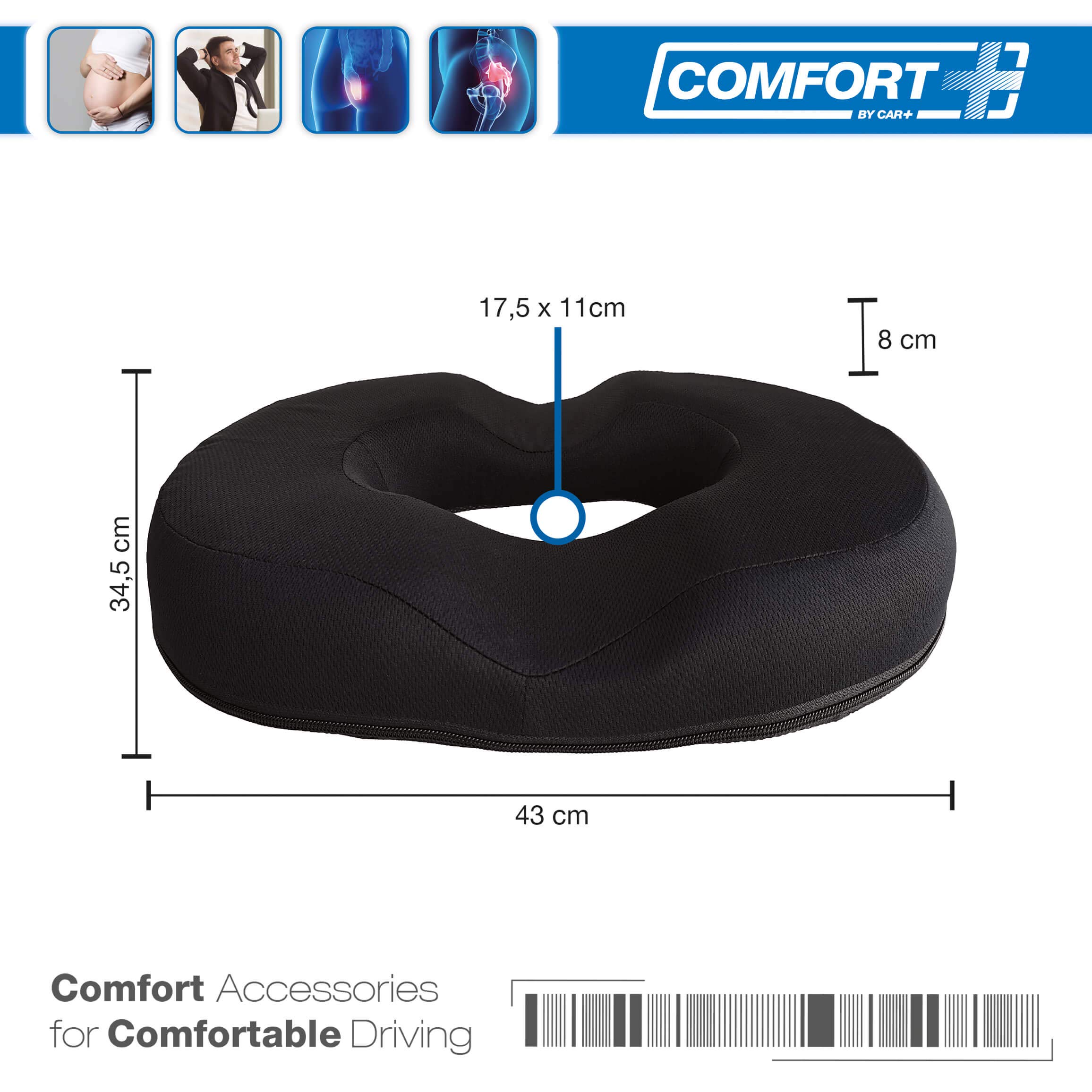 S SUMEX Rundes Kissen mit Memory-Schaum, ideal für Hämorrhoiden, Schwangerschaft, Schmerzen im Steißbein für Büro, Zuhause, Auto oder Reisen, schwarz, Ring 43 x 34,5 cm